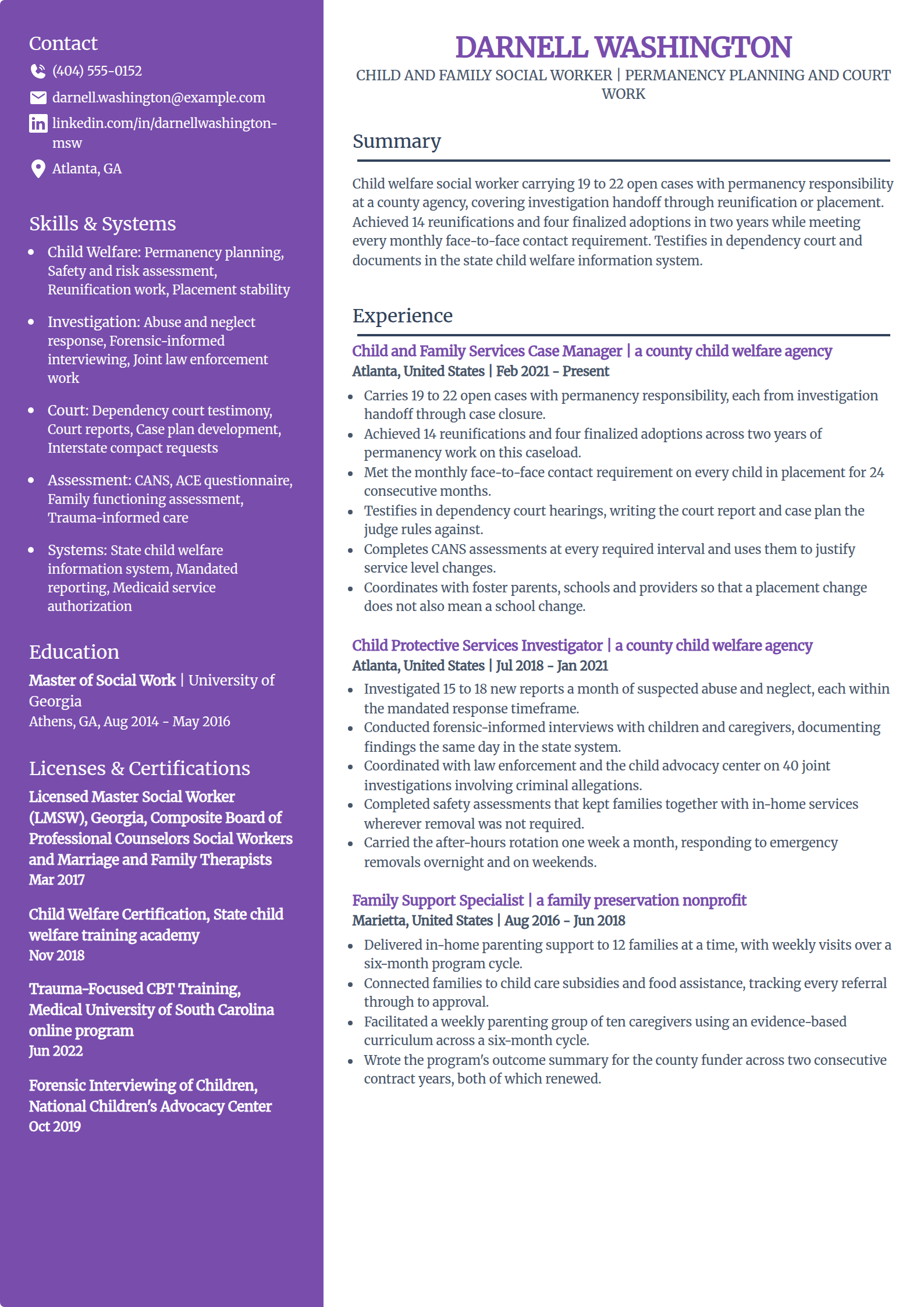 Child welfare and family social worker resume example in the Pioneer template