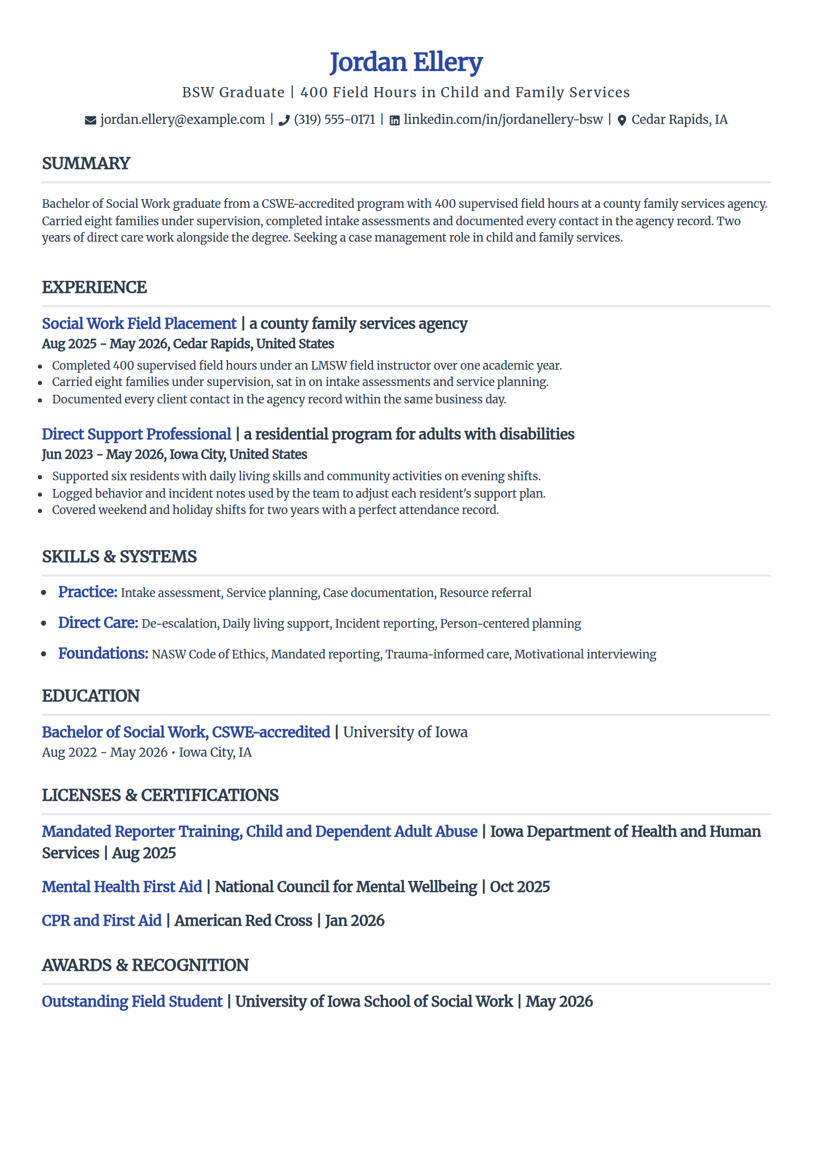 Entry-level BSW social worker resume example in the Simple template