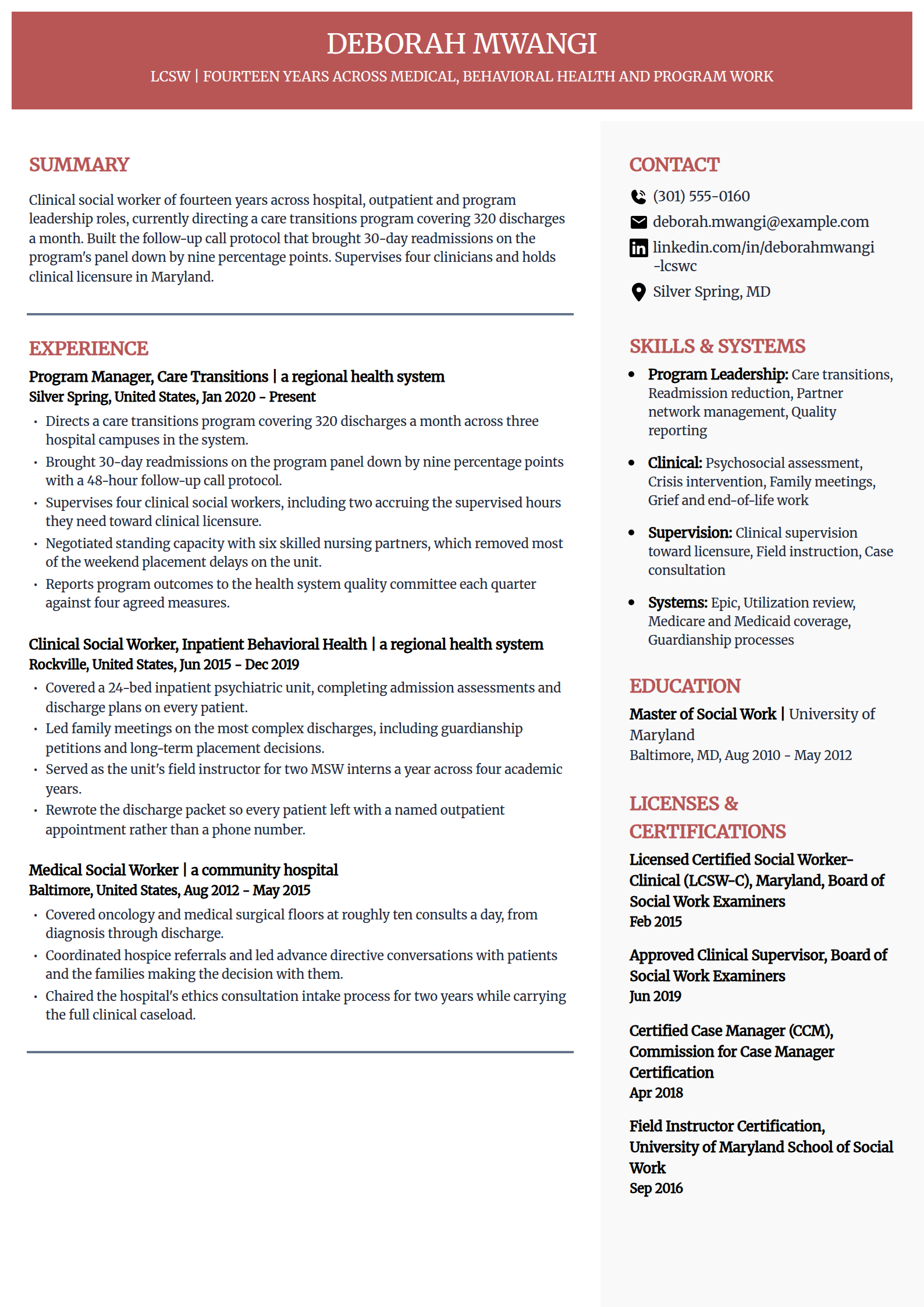 Senior social worker with fourteen years experience resume example in the Executive template