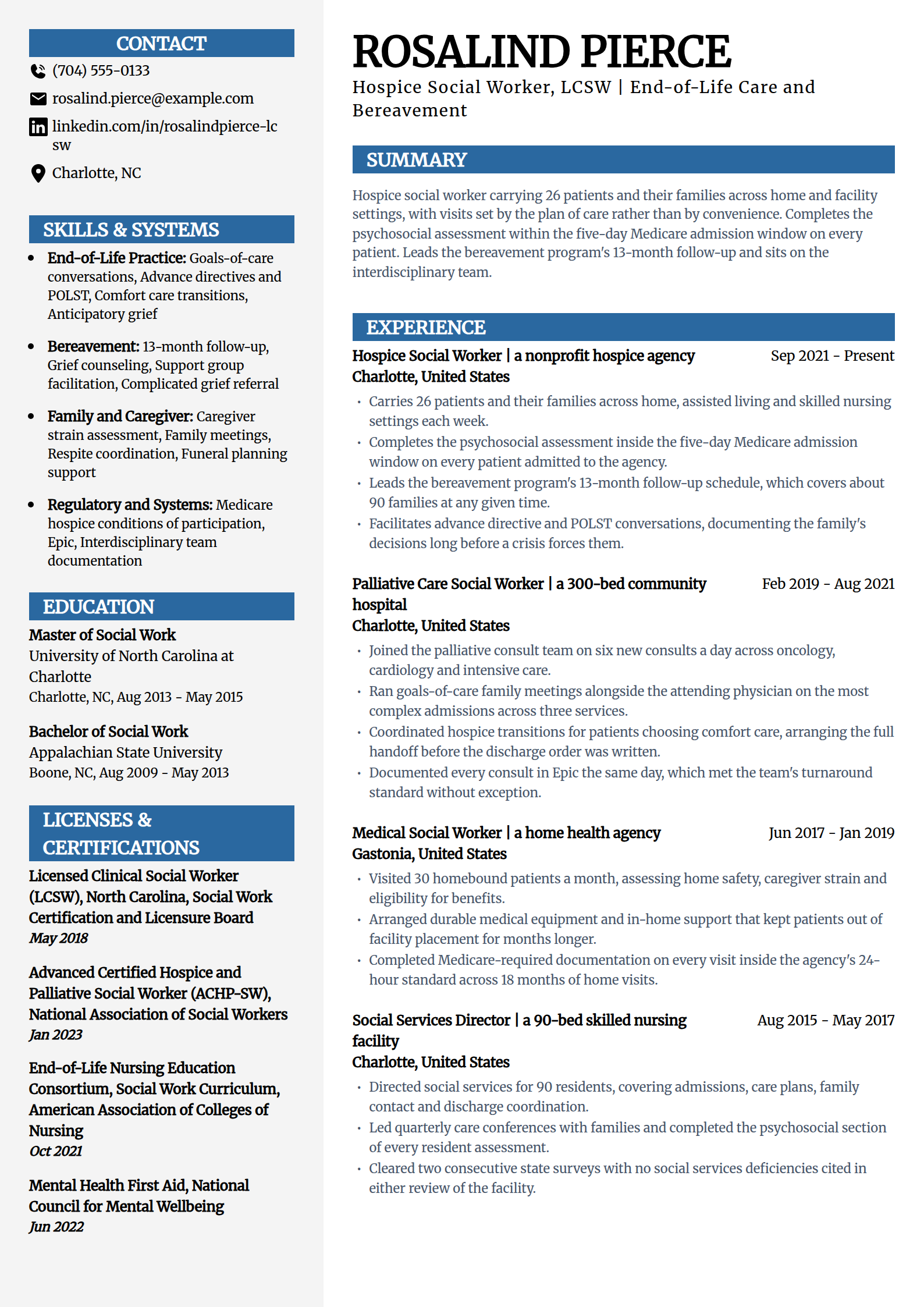Hospice and palliative care social worker resume example in the Mosaic template