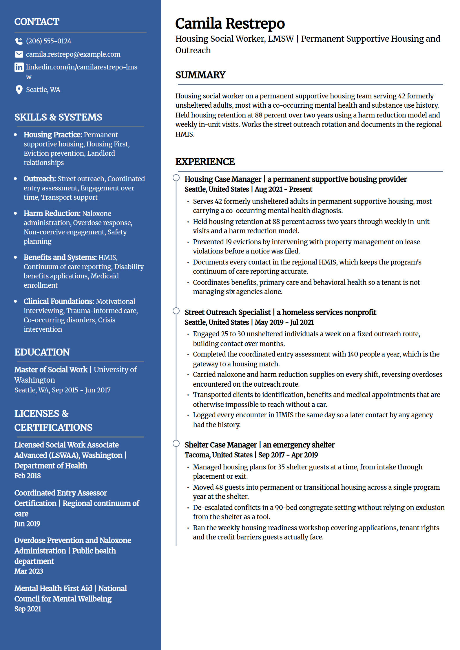 Housing and homeless services social worker resume example in the Creative template