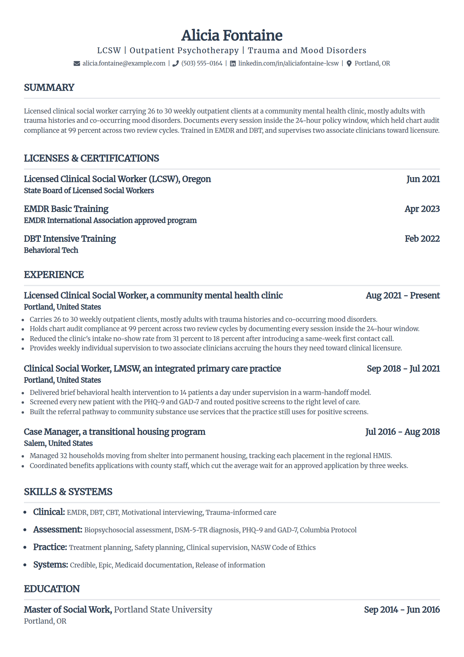 Licensed clinical social worker resume example in the Standard template