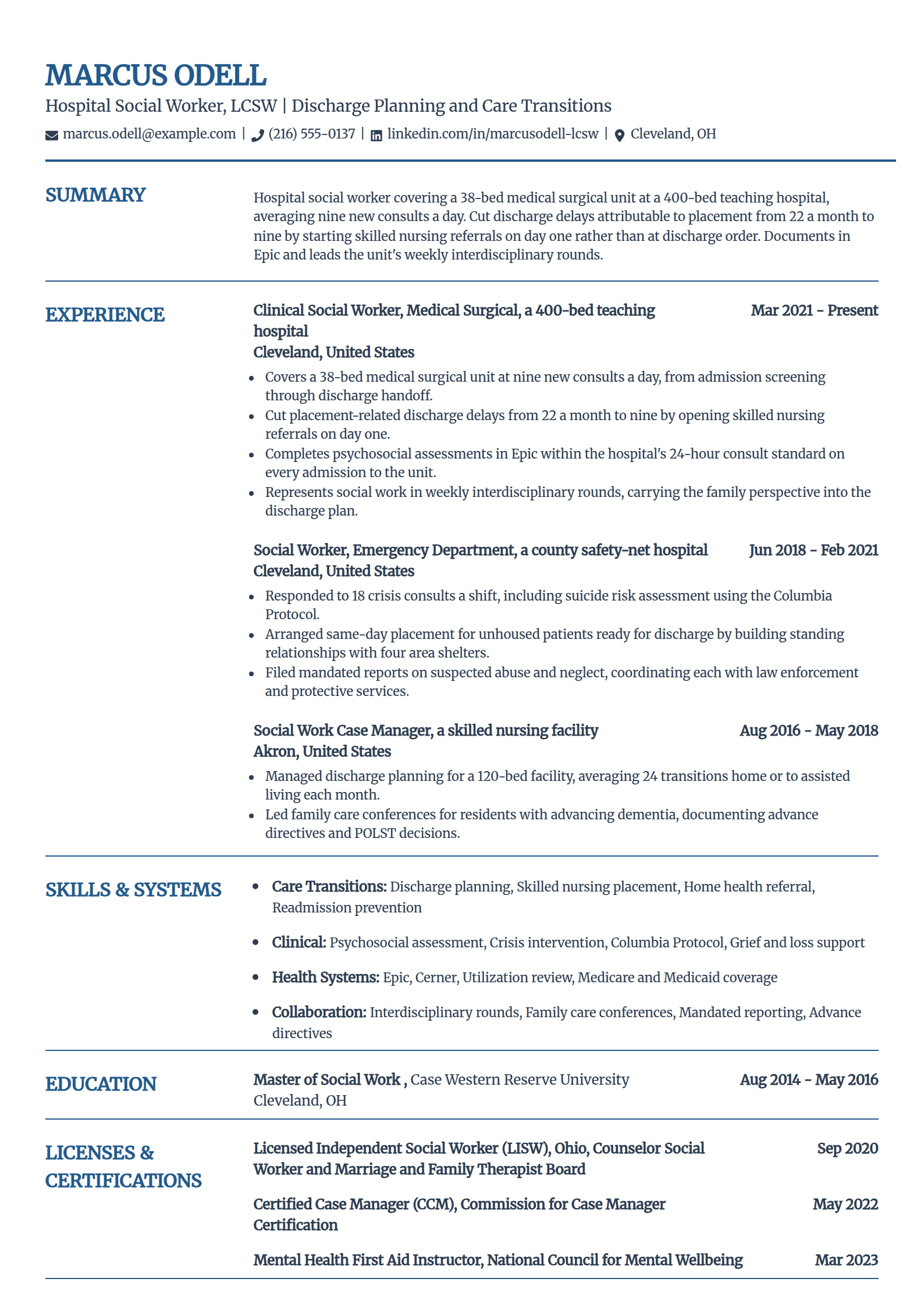 Hospital medical social worker resume example in the Craft template