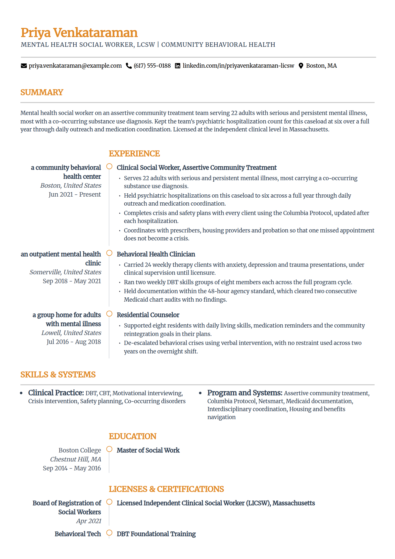 Community mental health social worker resume example in the Zenith template