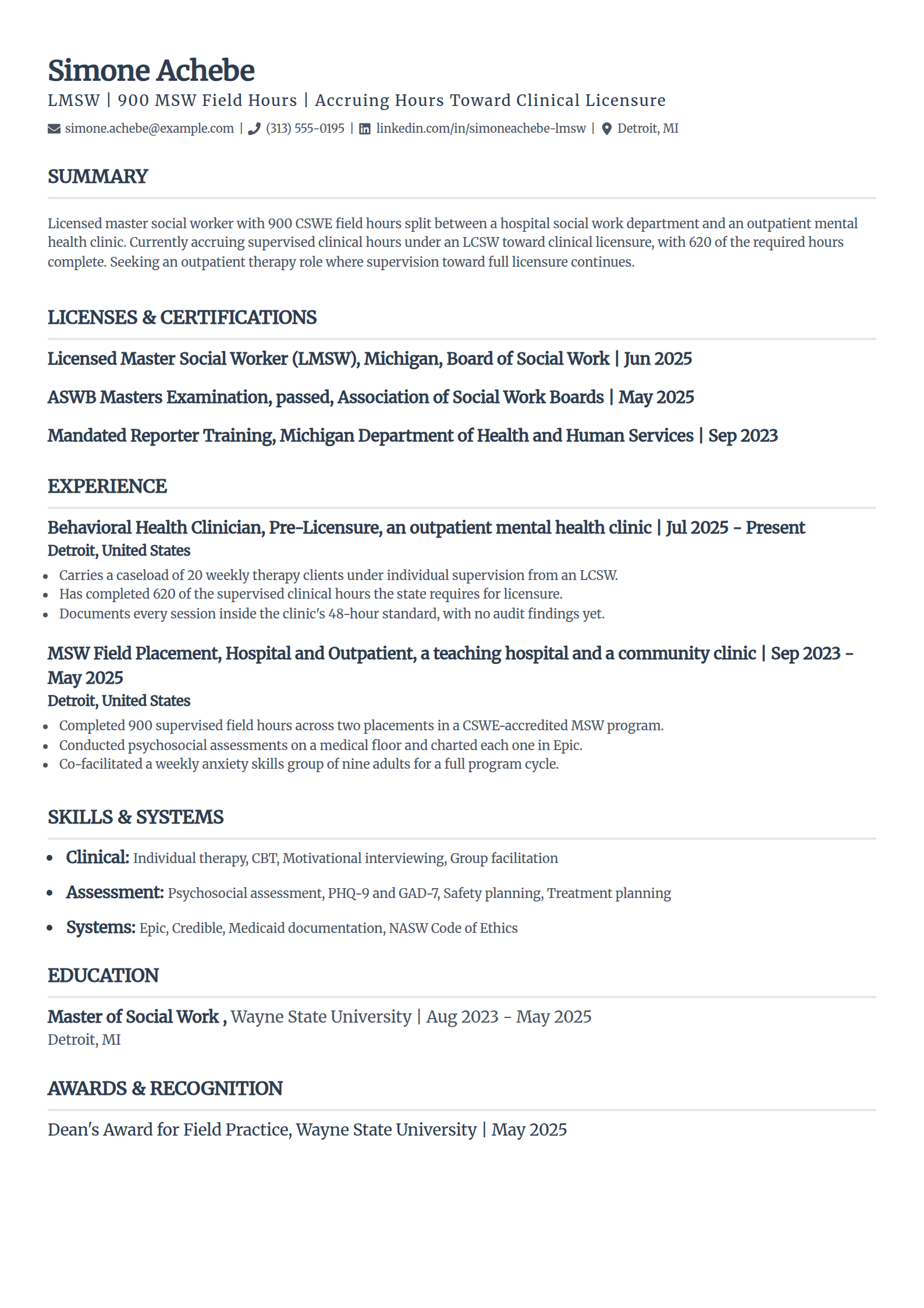 New MSW graduate and LMSW resume example in the Classic template