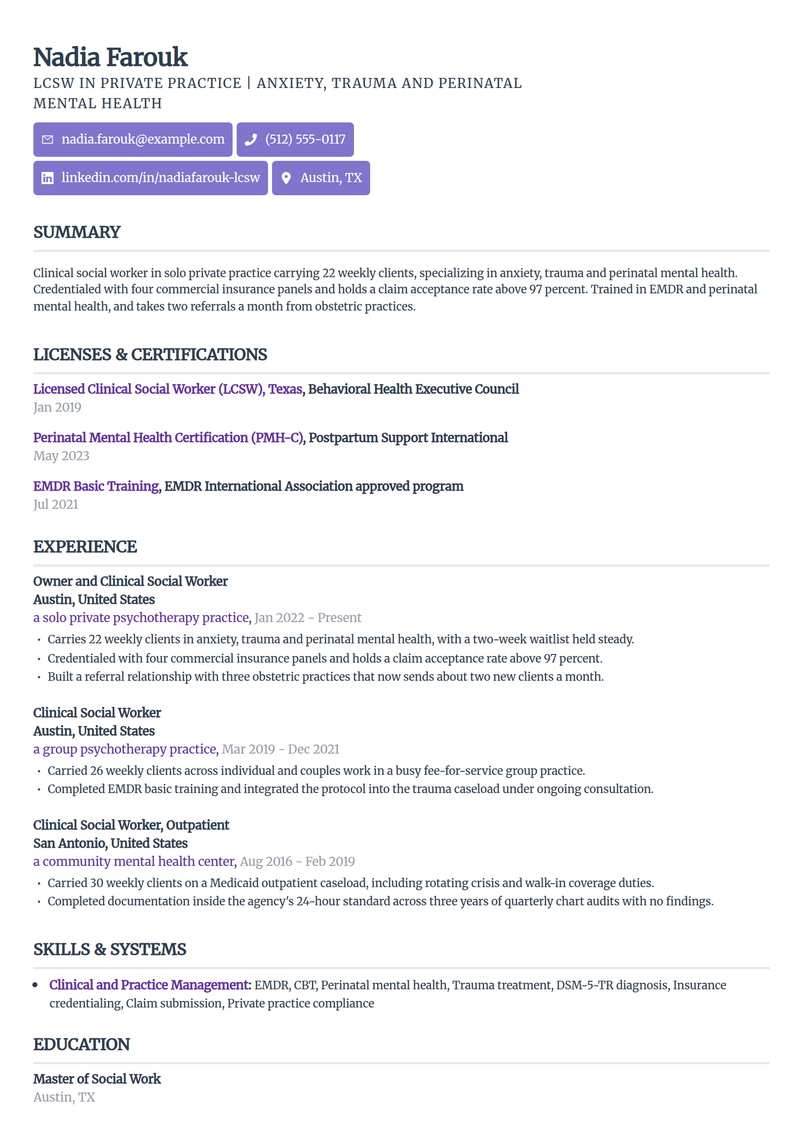 Private practice clinical social worker resume example in the Sleek Framework template