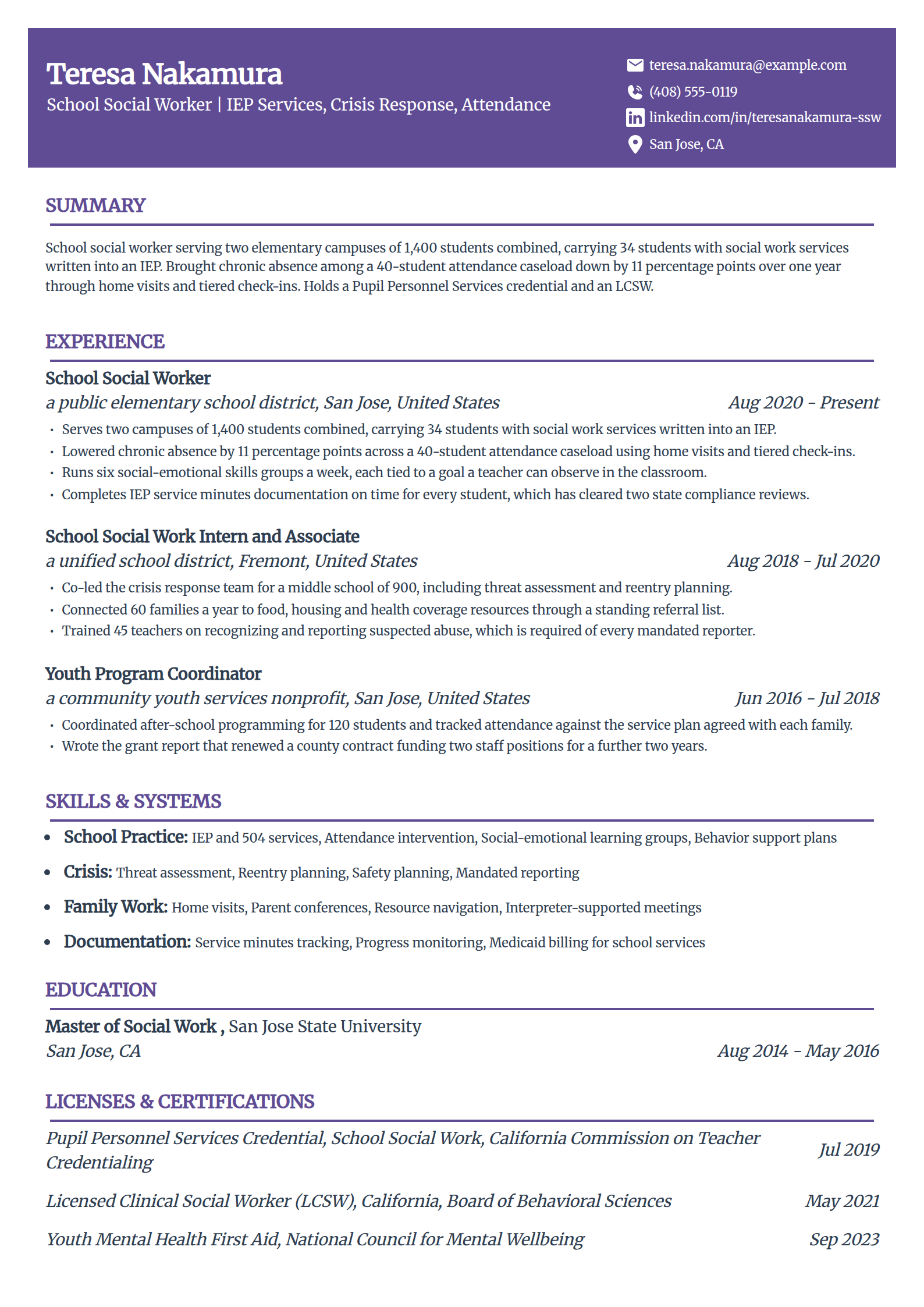 School social worker resume example in the Panorama template