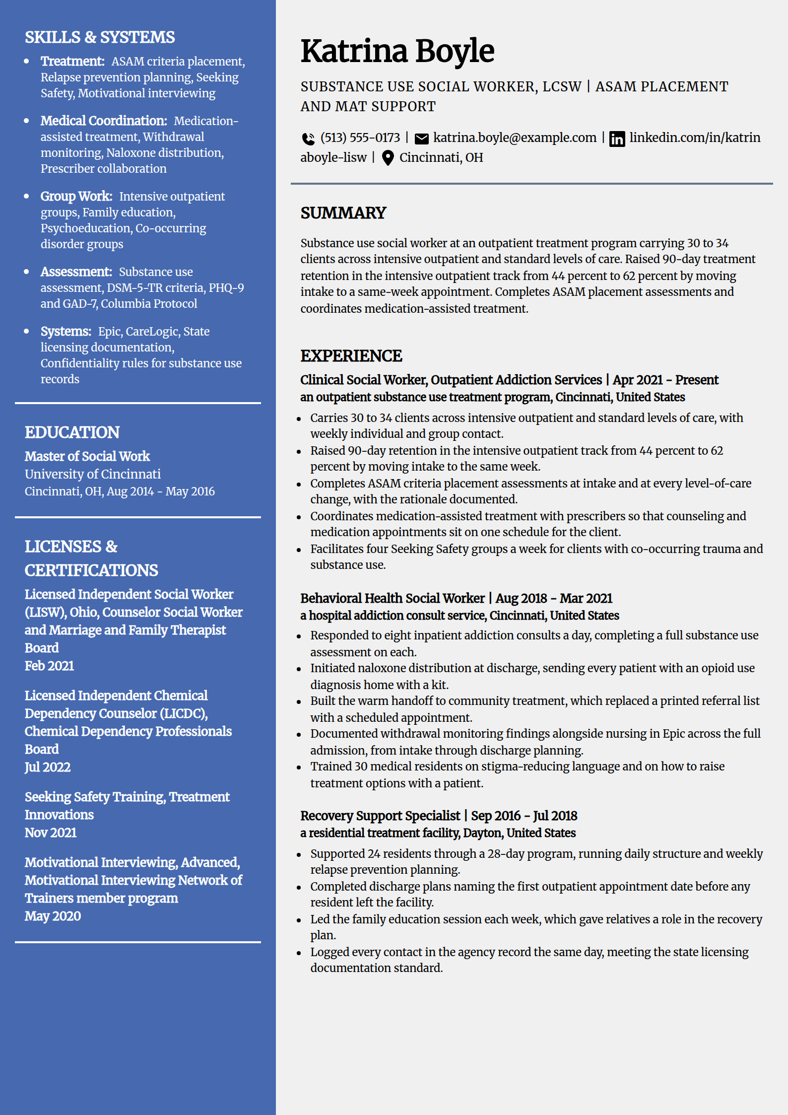 Substance use and addiction social worker resume example in the Innovative template