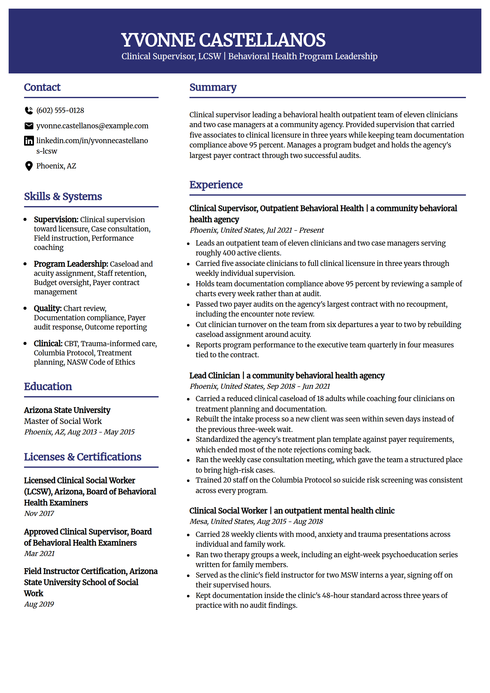 Social work clinical supervisor resume example in the Visionary template