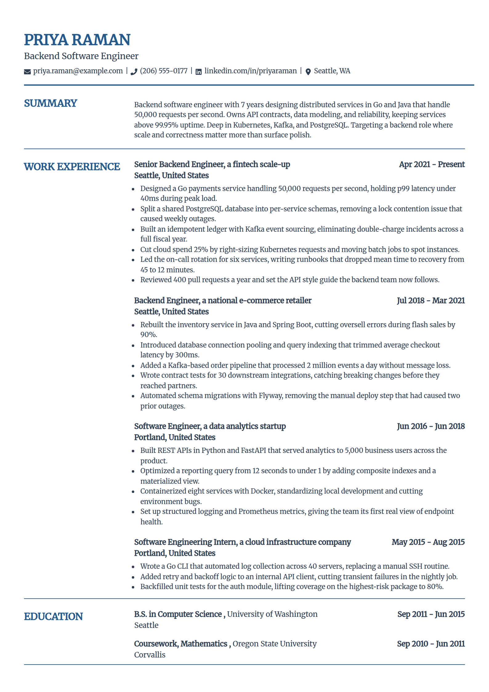 Backend software engineer resume example in the Craft template