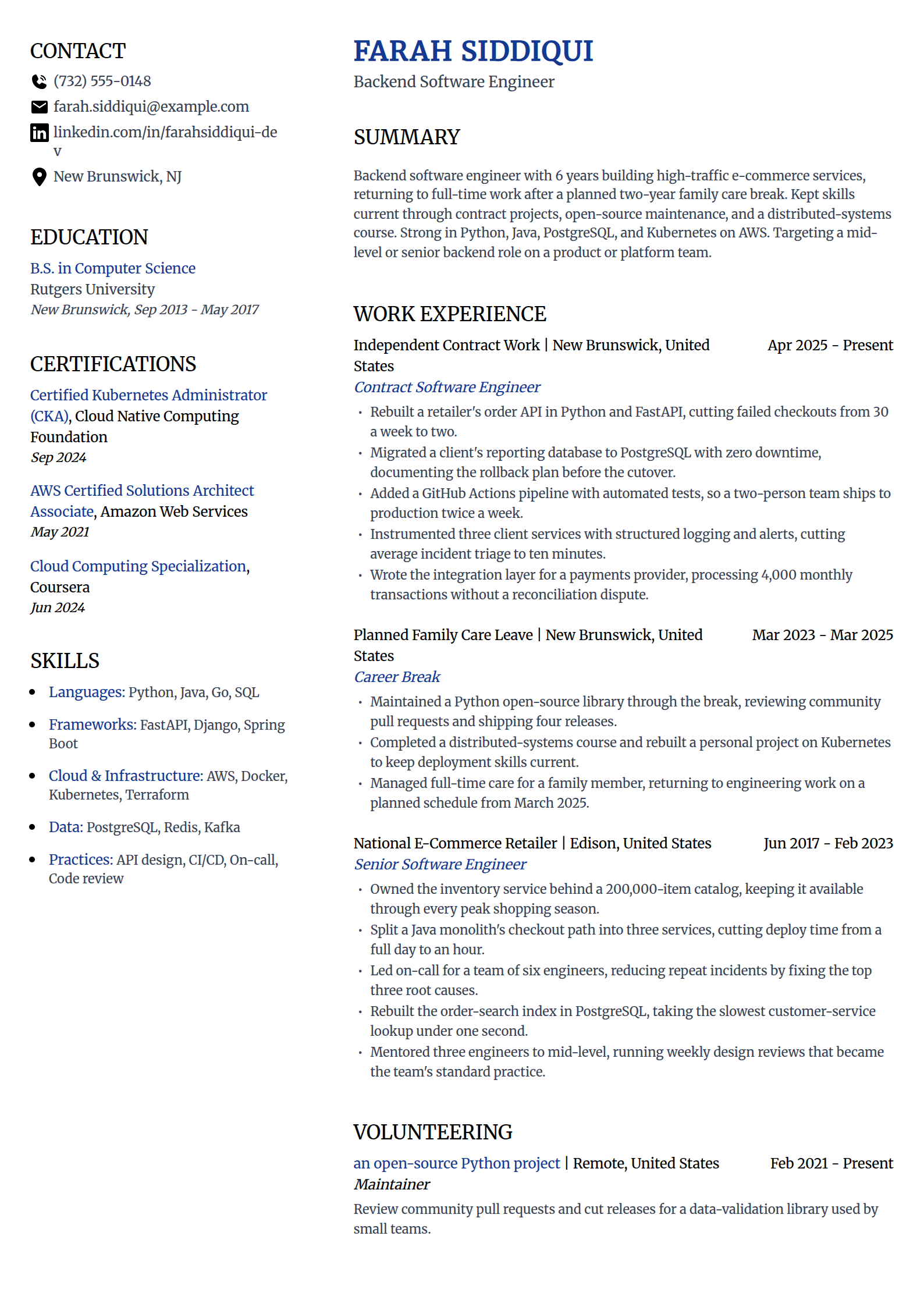 Resume example for a software engineer returning after a career break, in the Voyage template