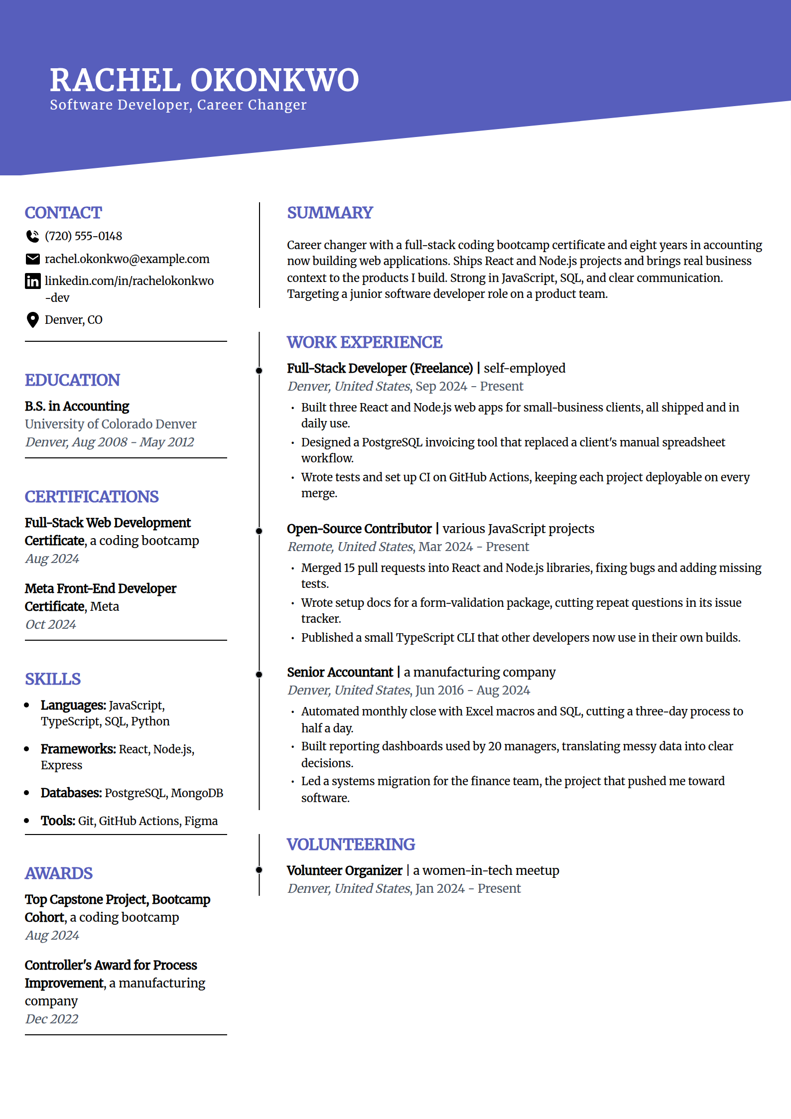 Career-change software developer resume example in the Orbit template