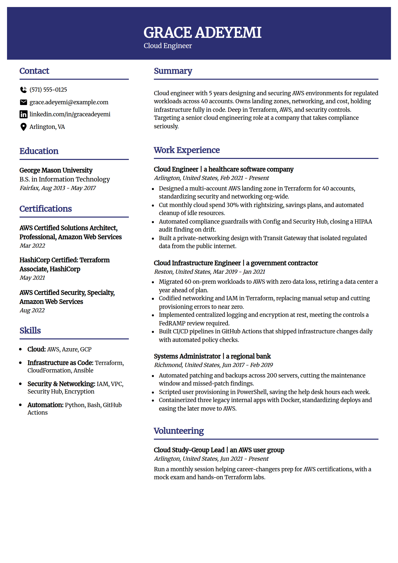 Cloud engineer resume example in the Visionary template