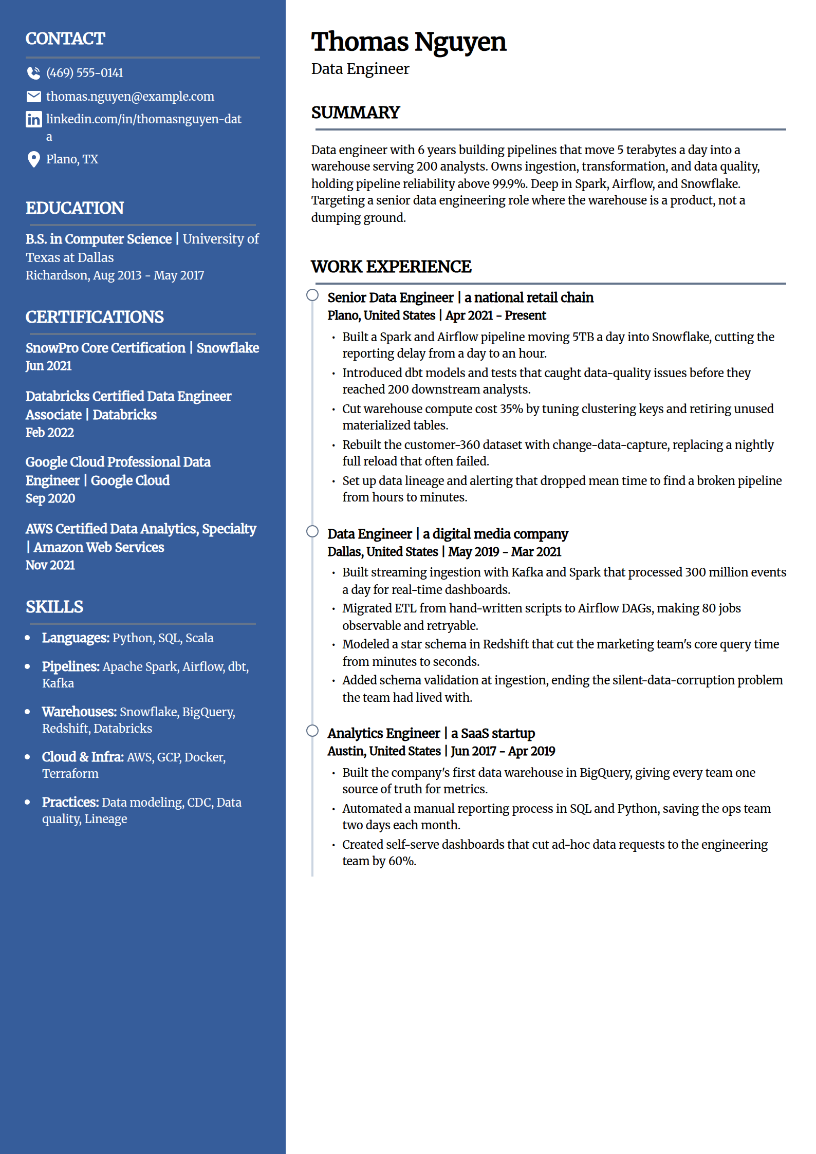 Data engineer resume example in the Creative template