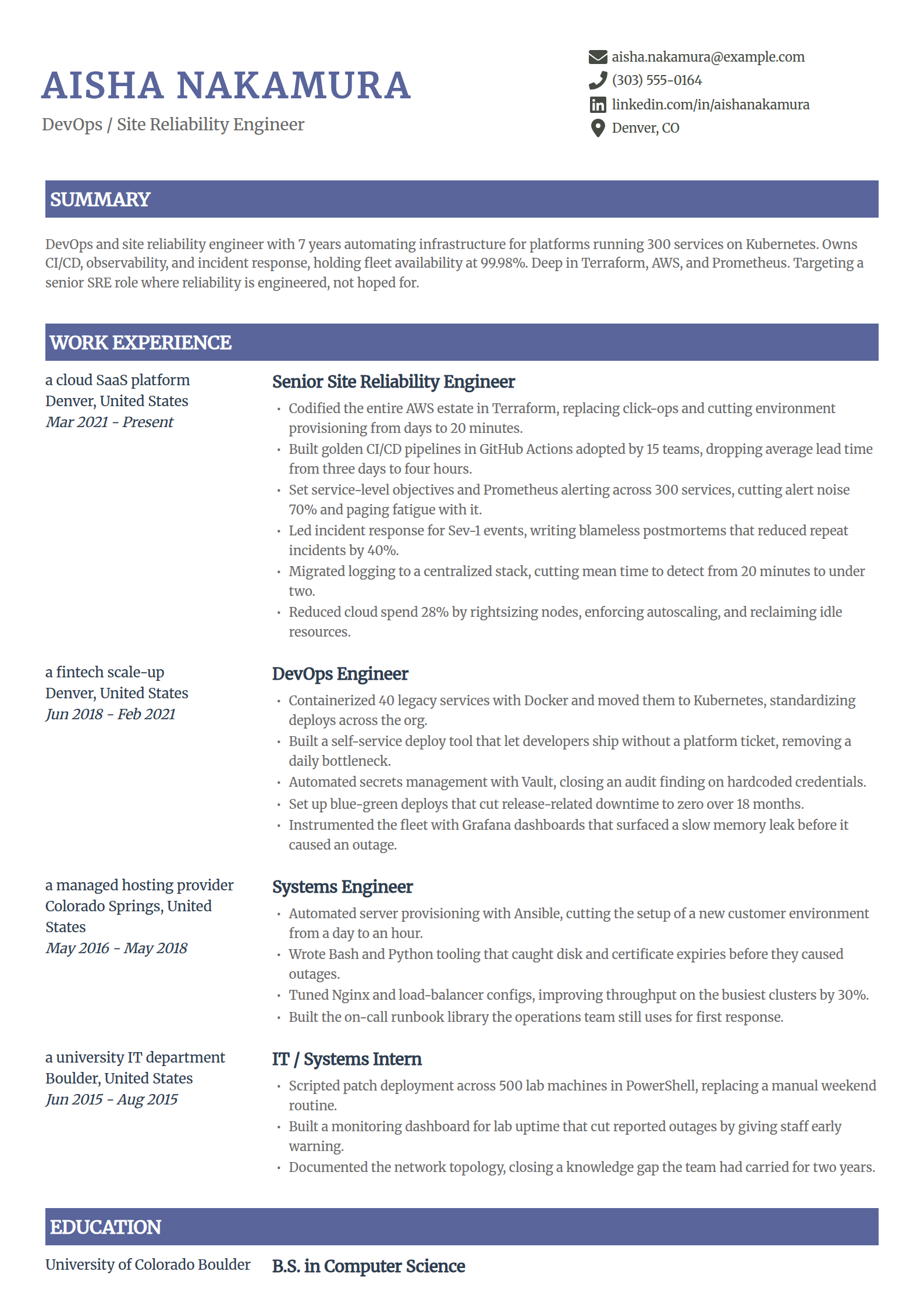DevOps and site reliability engineer resume example in the Catalyst template