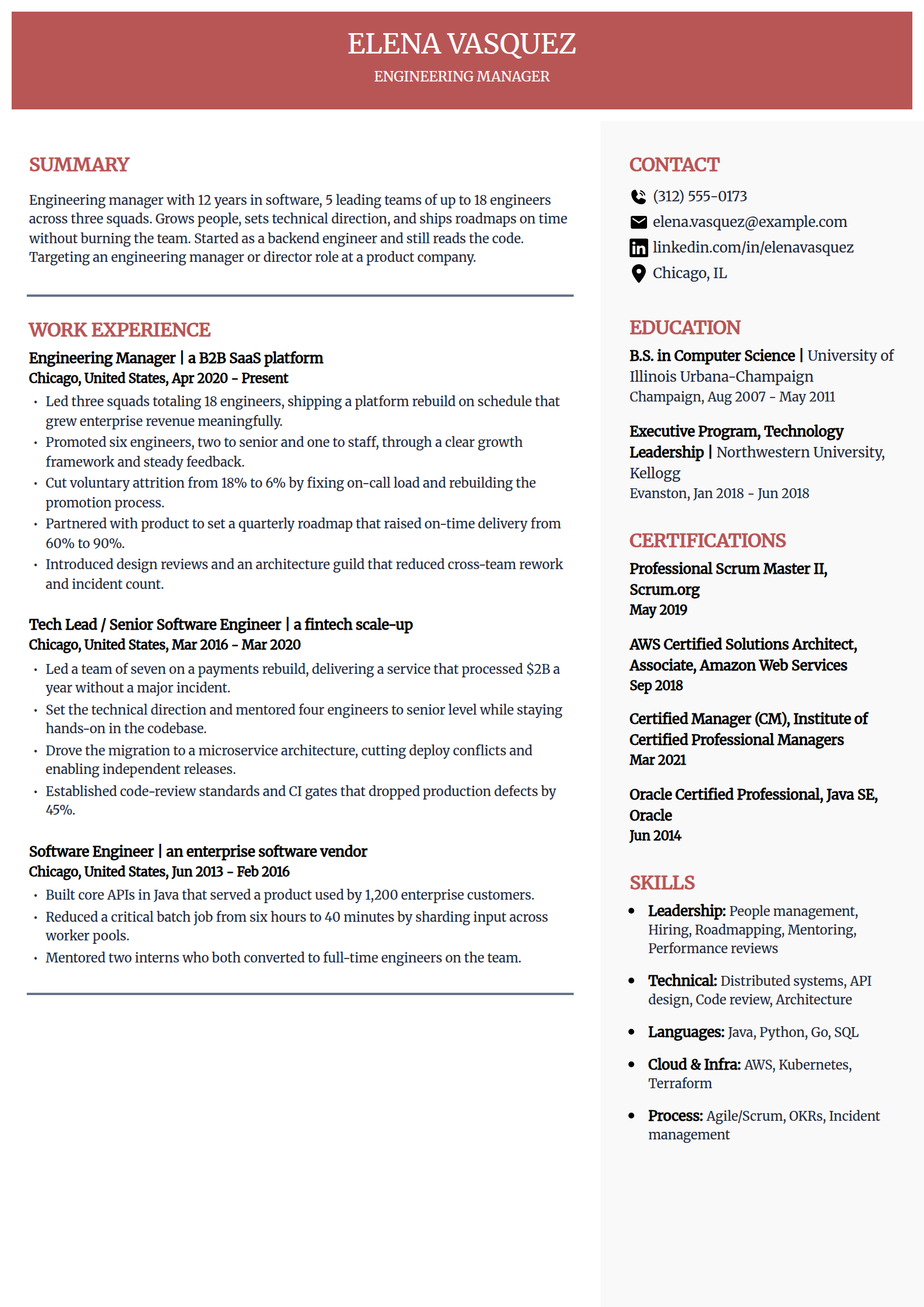 Engineering manager resume example in the Executive template
