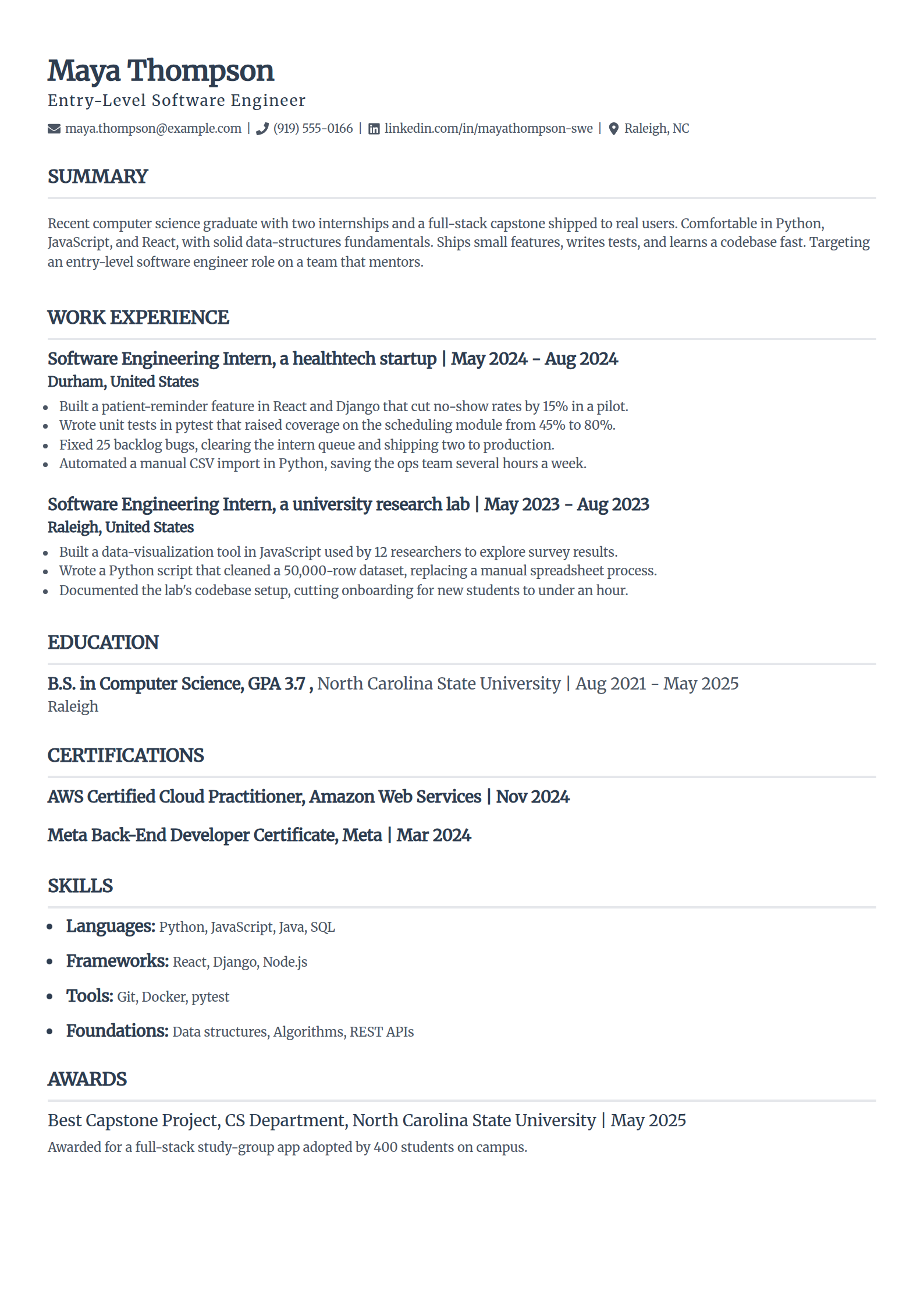 Entry-level software engineer resume example in the Classic template
