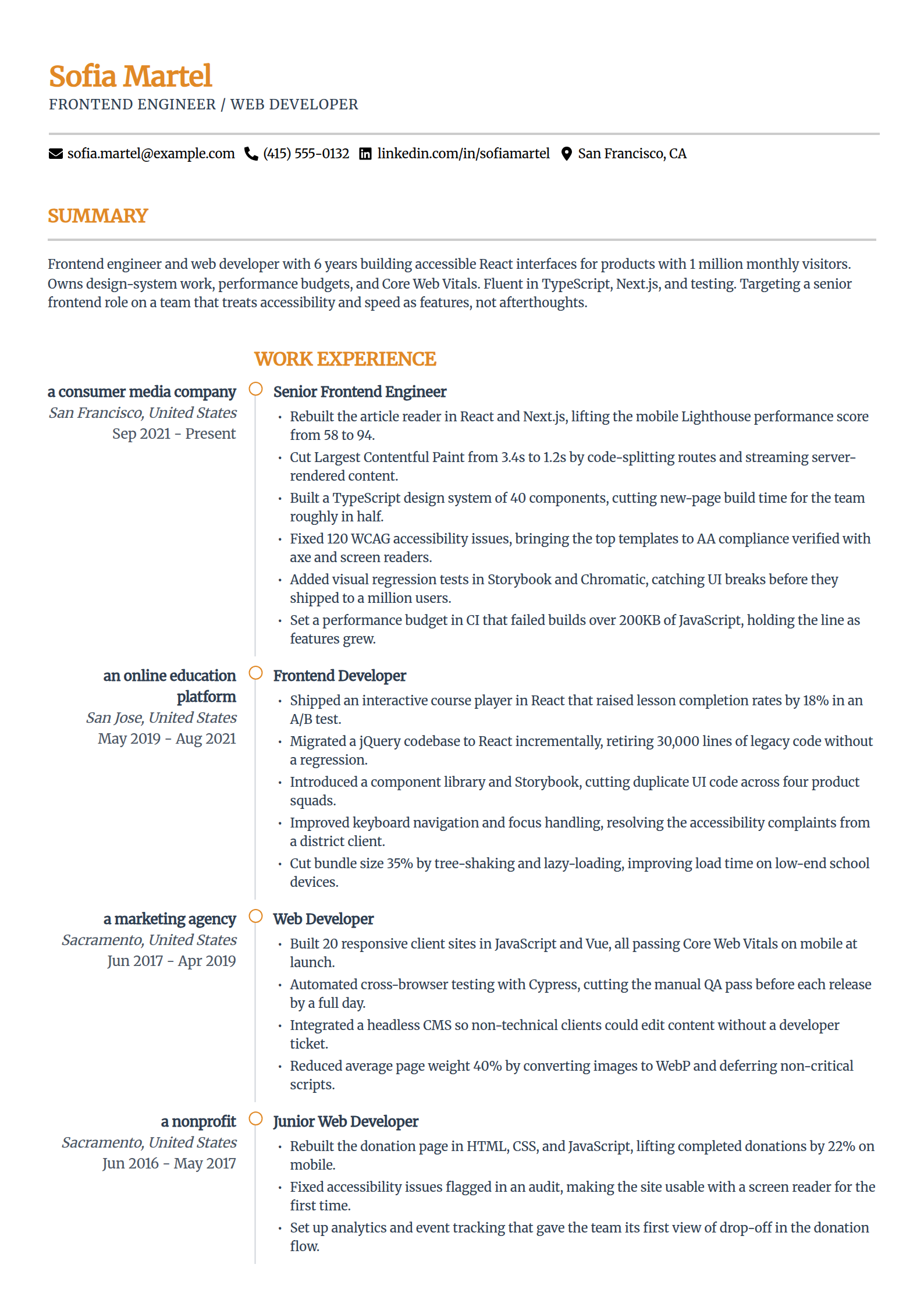 Frontend engineer resume example in the Zenith template