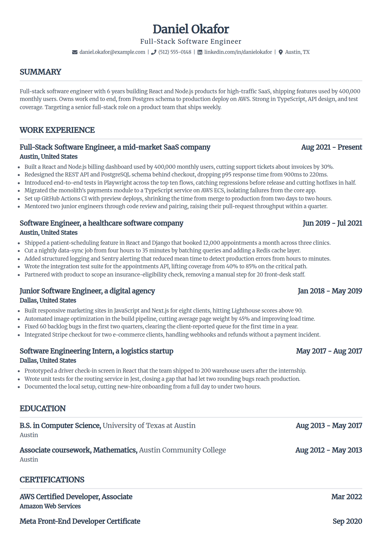 Full-stack software engineer resume example in the Standard template