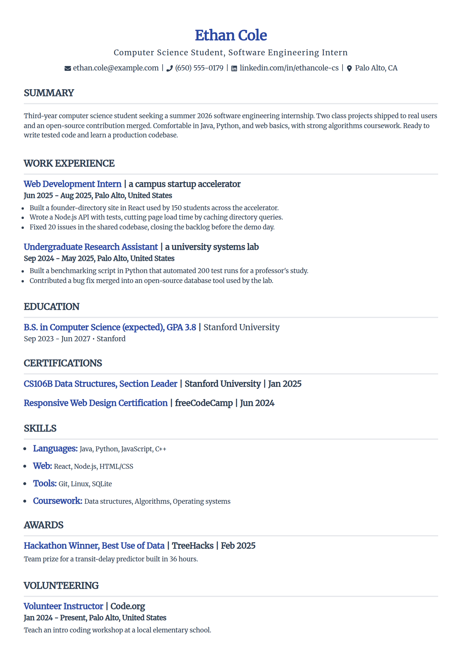 Software engineering intern resume example in the Simple template