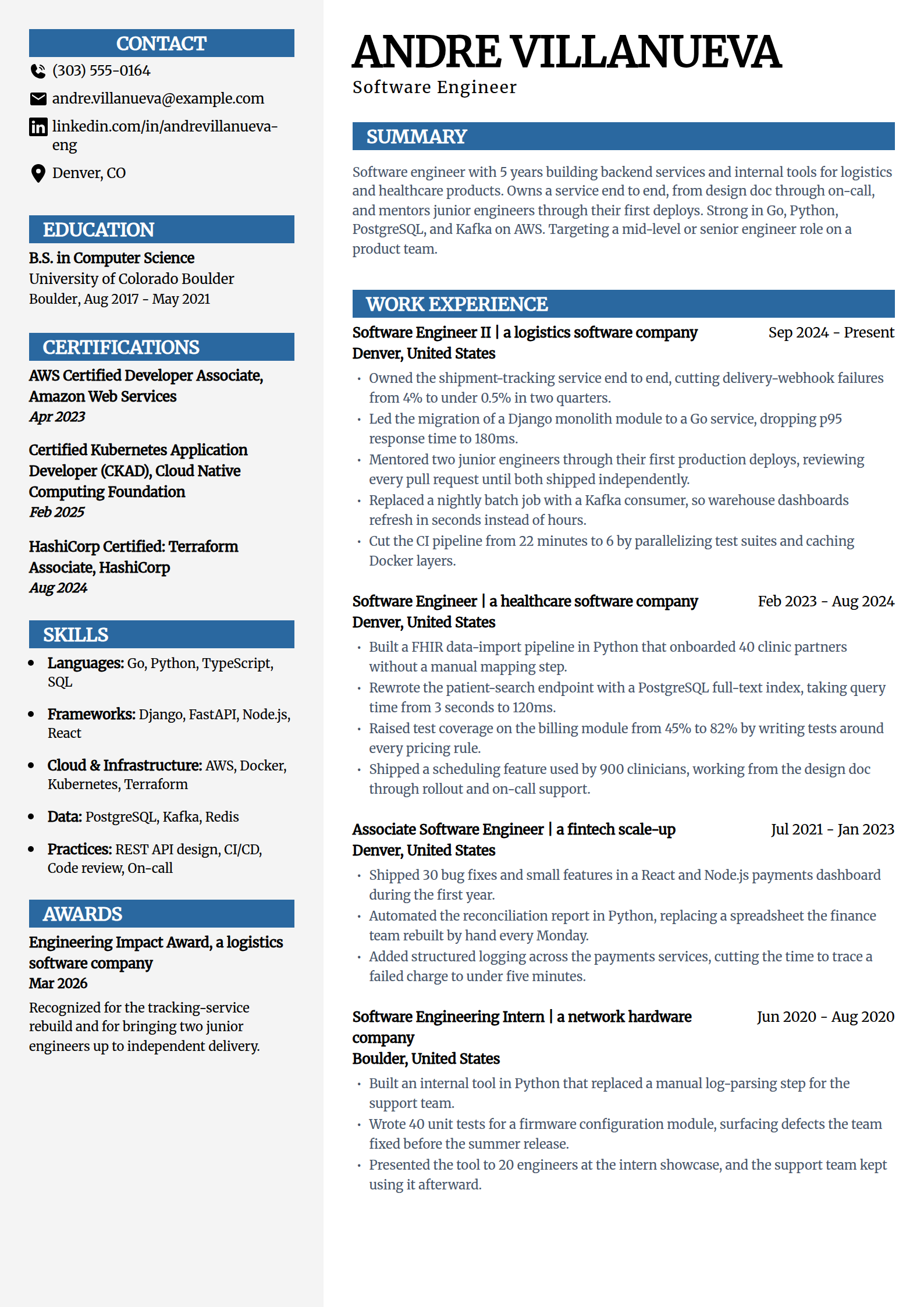Mid-level software engineer resume example in the Mosaic template