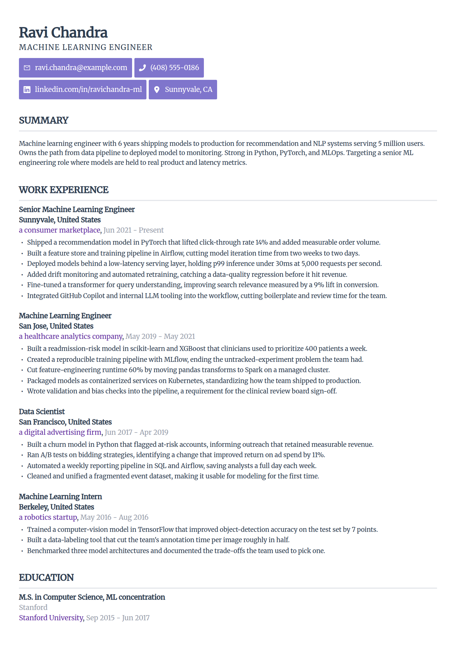 Machine learning engineer resume example in the Sleek Framework template