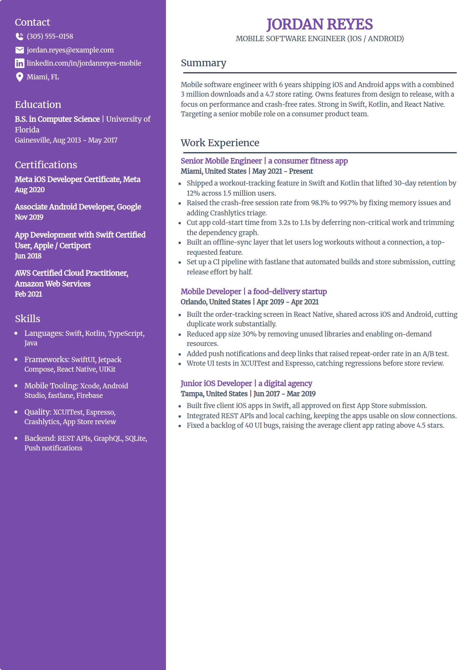 Mobile developer resume example in the Pioneer template