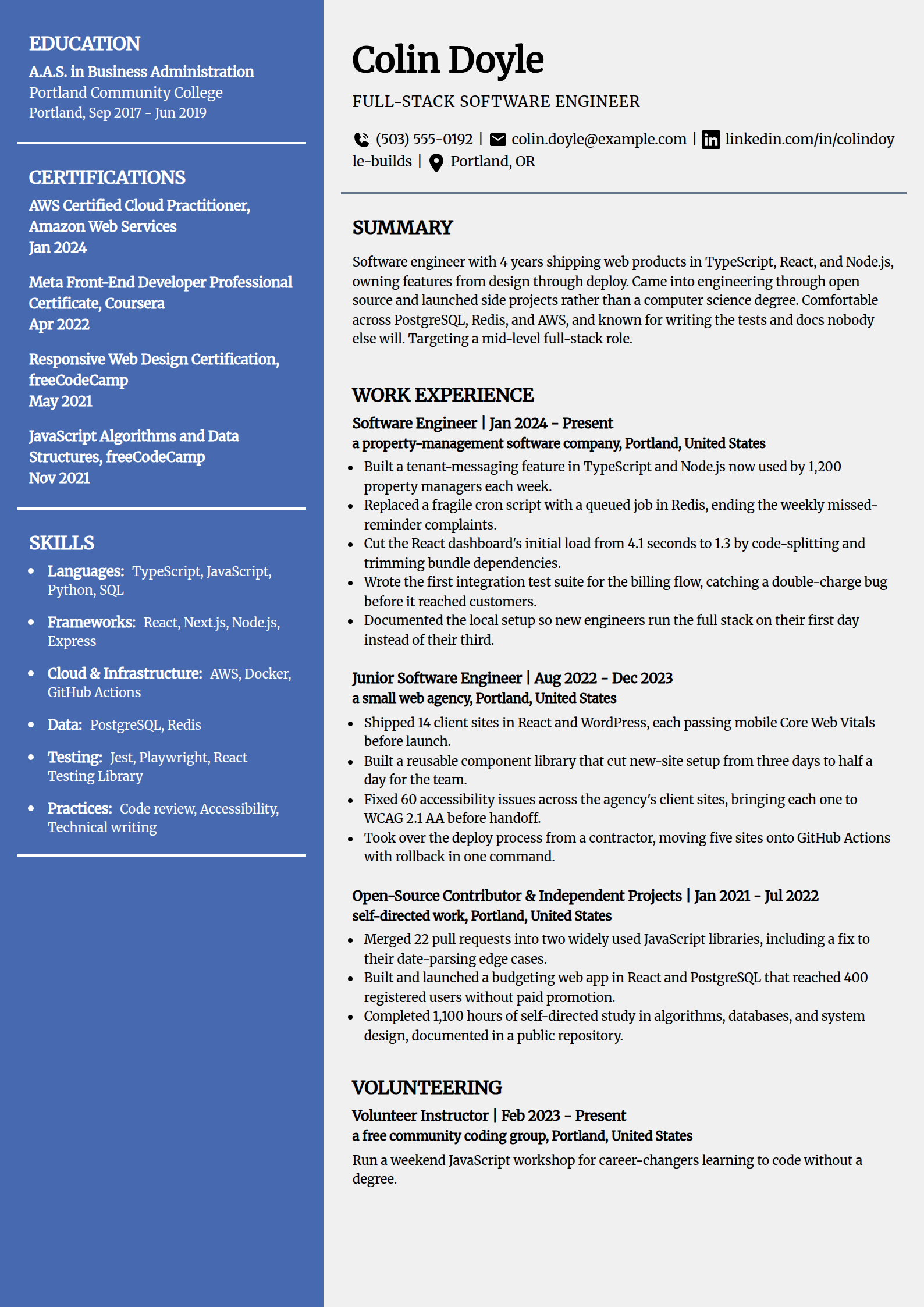 Self-taught software engineer resume example in the Innovative template