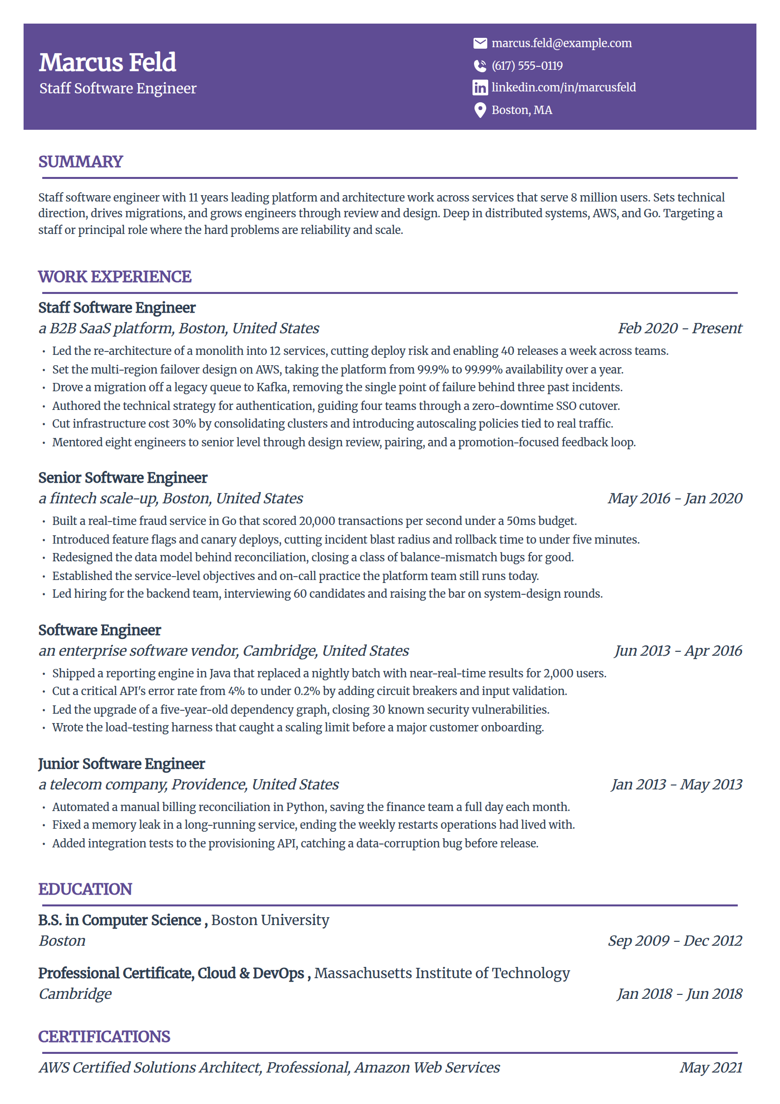 Staff software engineer resume example in the Panorama template