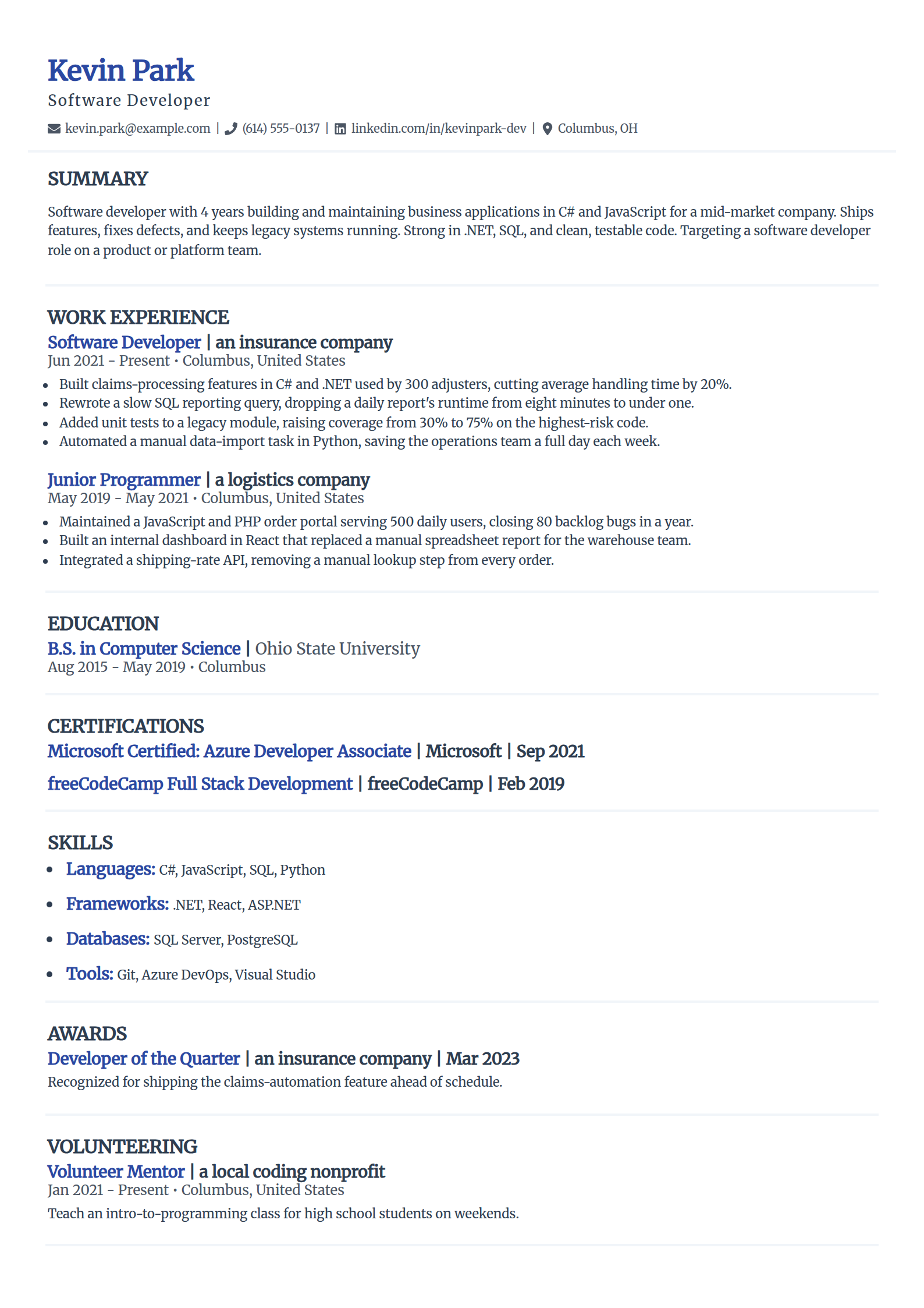 Software developer resume example in the Elegant template