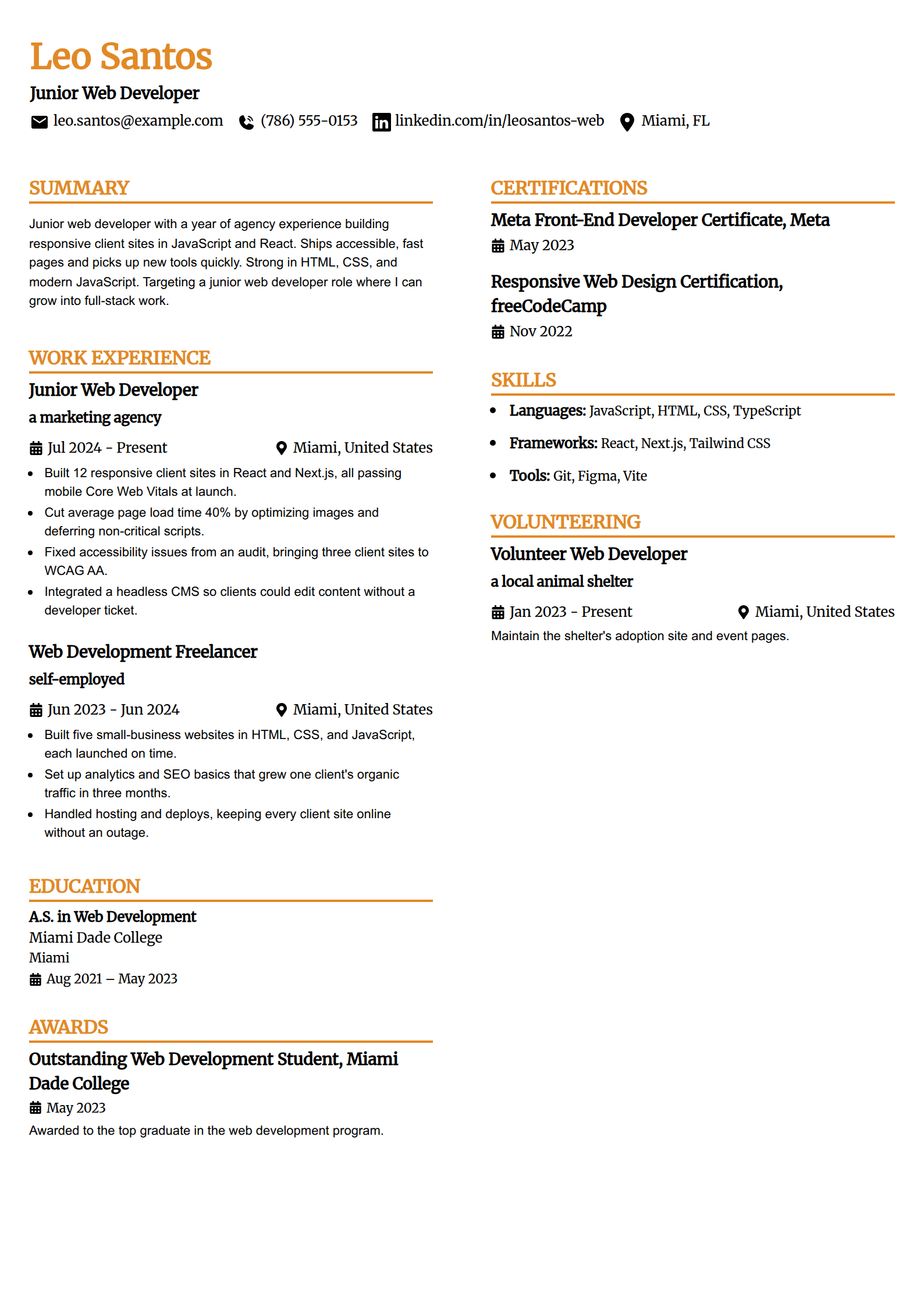 Junior web developer resume example in the Professional Edge template