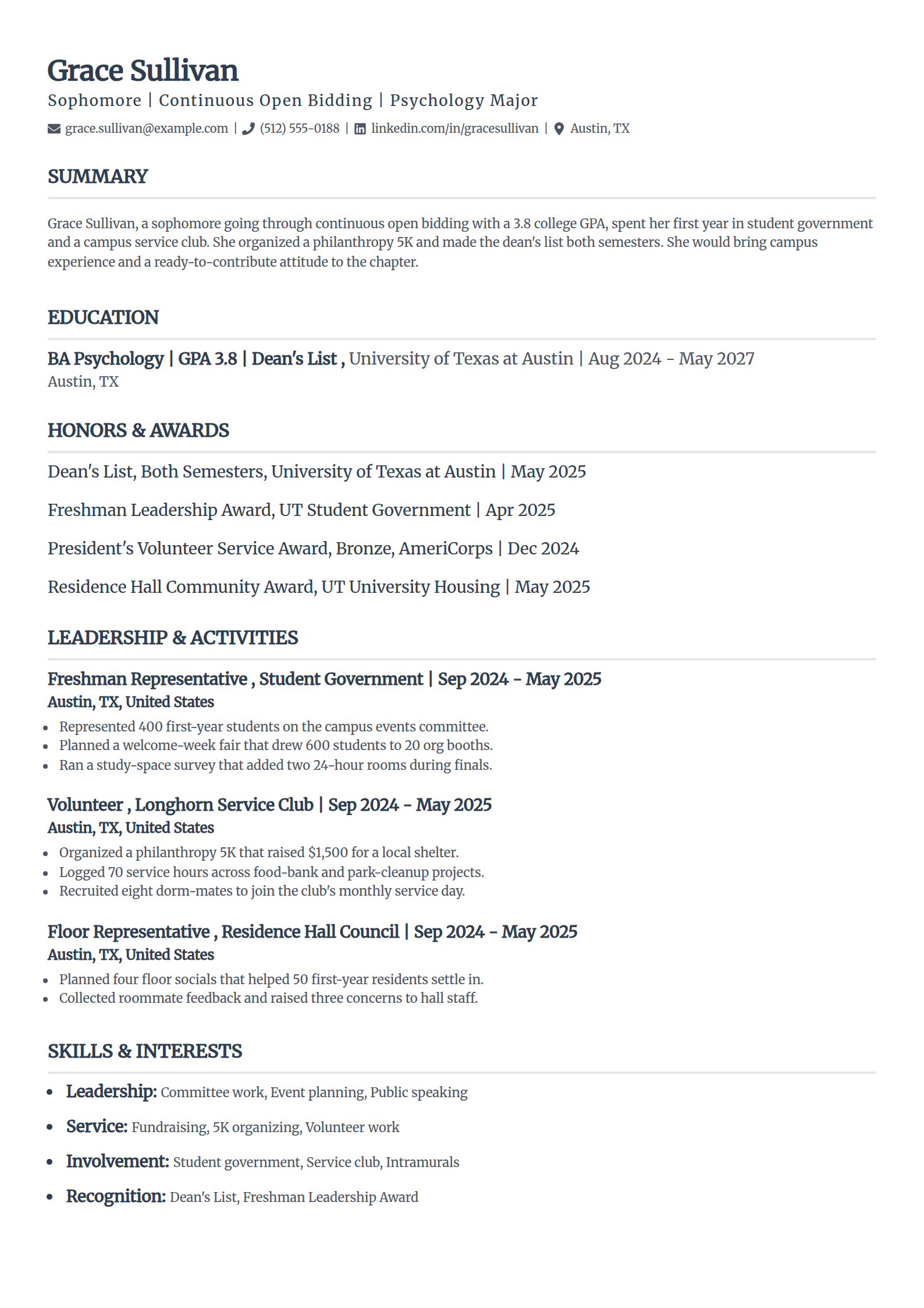Sophomore continuous open bidding sorority resume example in the Classic template