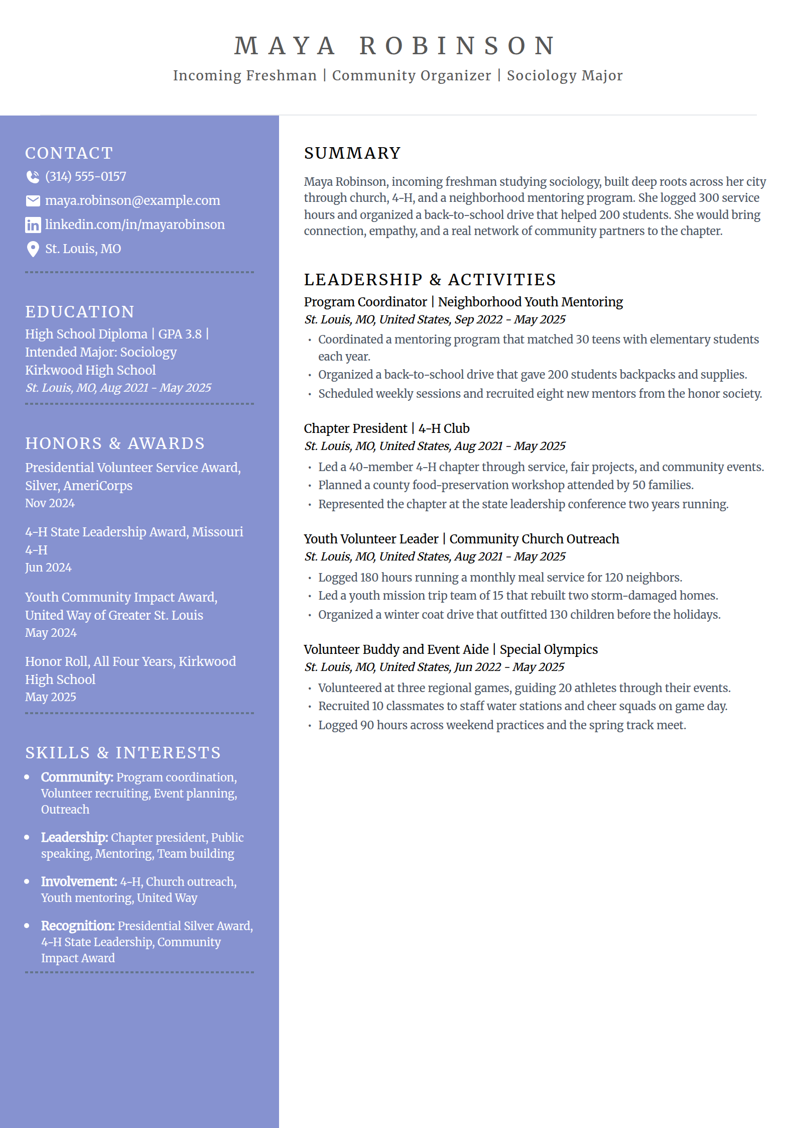 Community-involvement-focused sorority resume example in the Luminary template