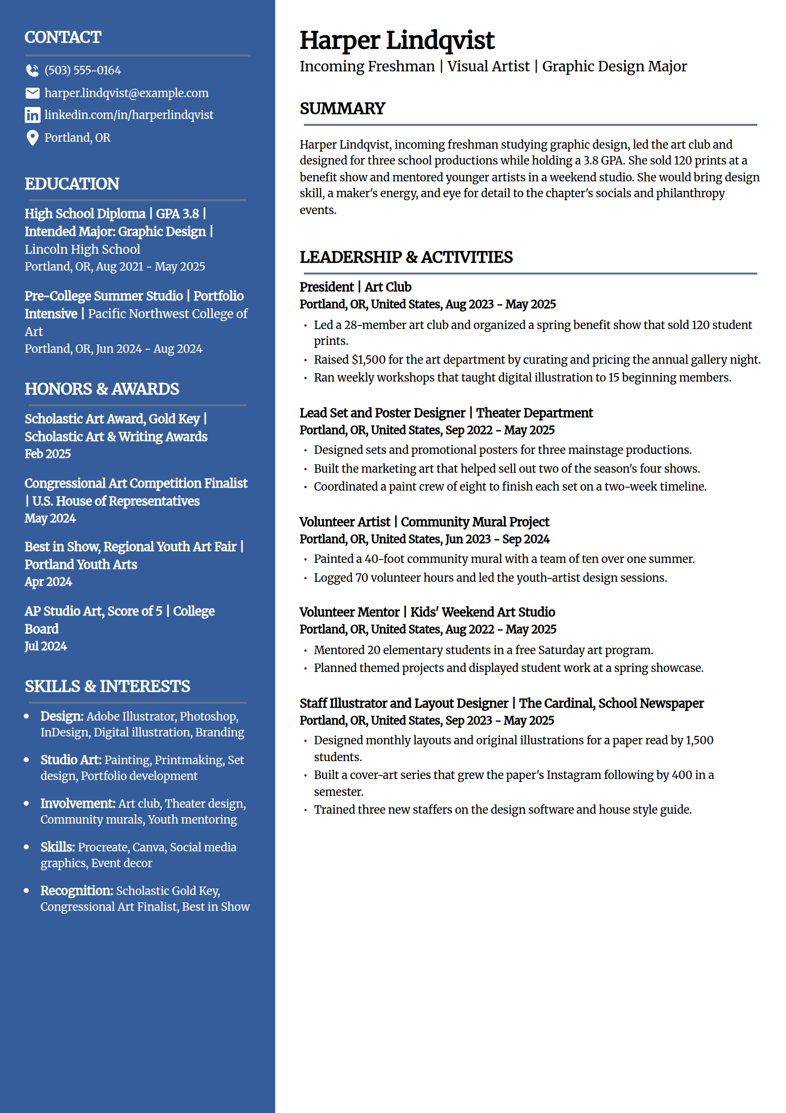 Arts and creative sorority resume example in the Creative template