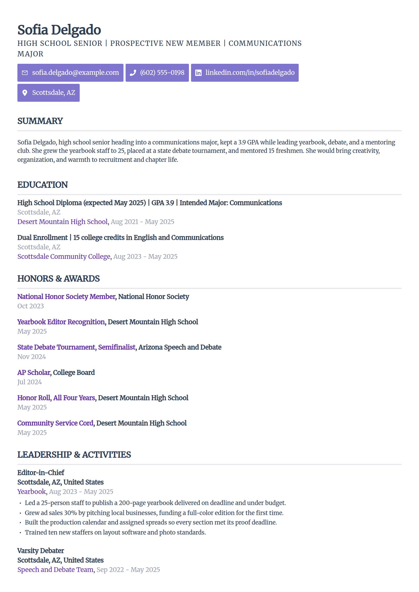 Well-rounded high school senior sorority resume example in the Sleek Framework template
