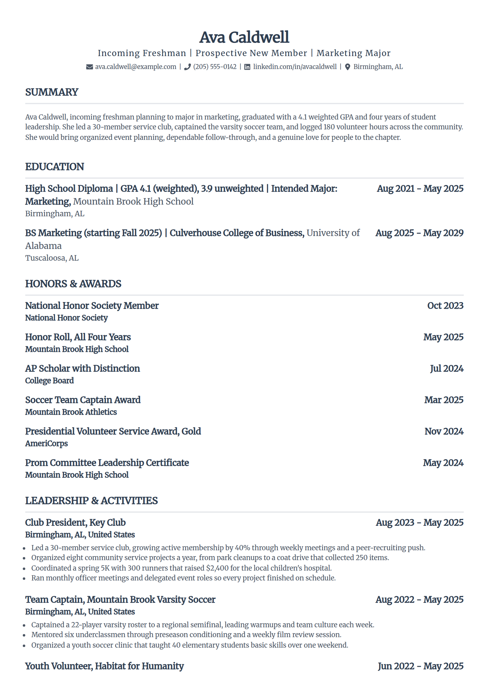 Well-rounded incoming freshman PNM sorority resume example in the Standard template