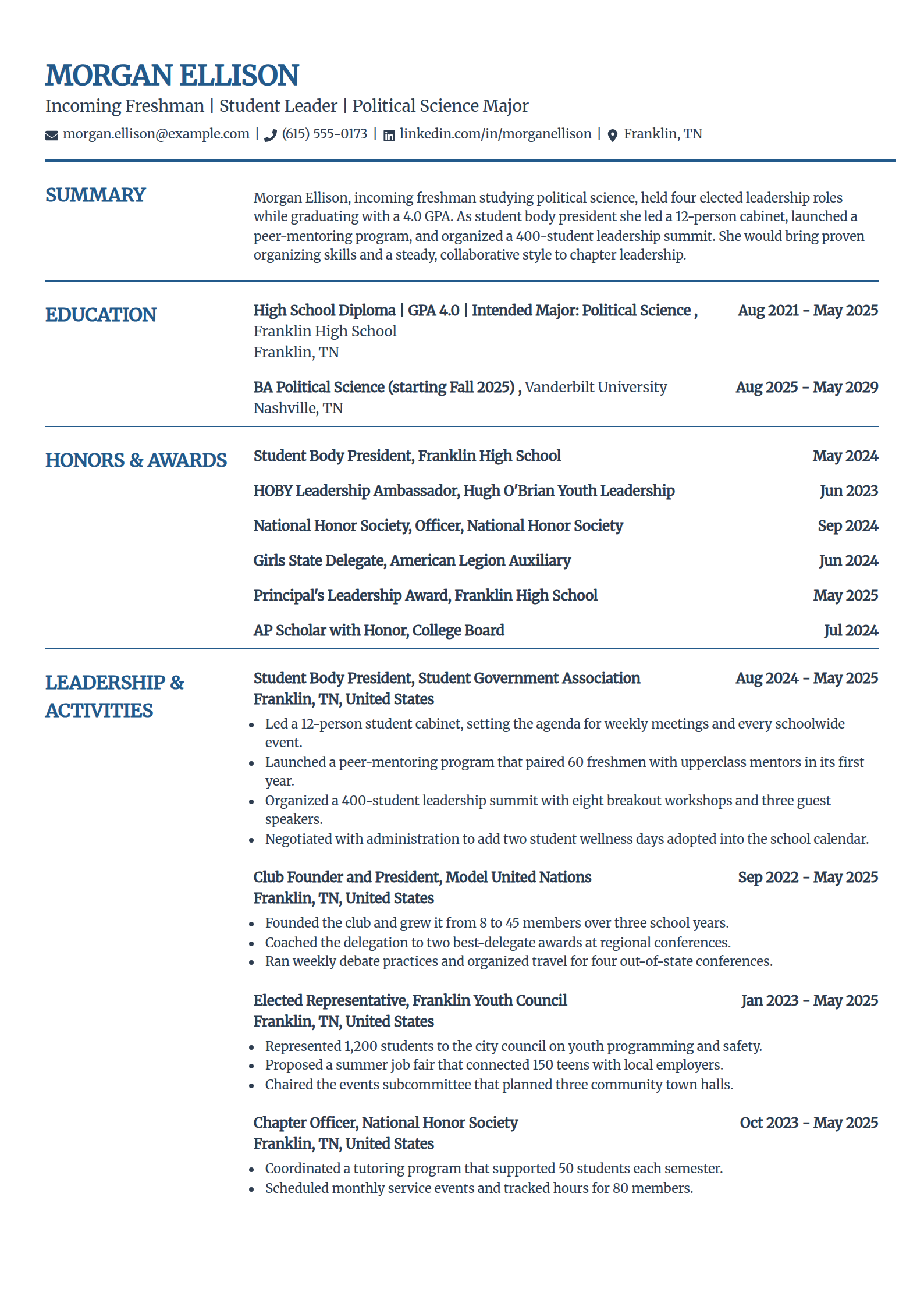 Leadership-focused sorority resume example in the Craft template