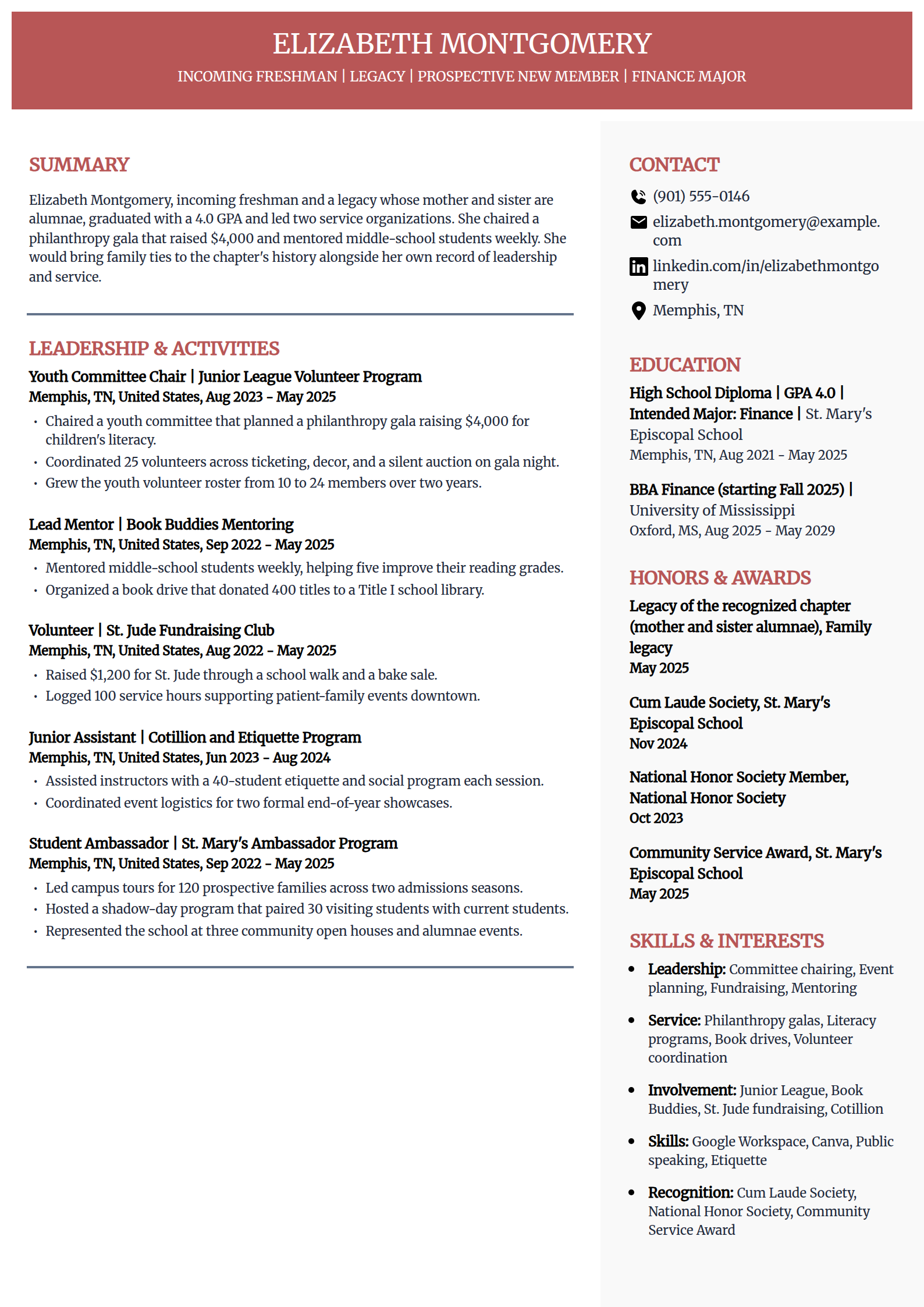 Legacy sorority resume example in the Executive template