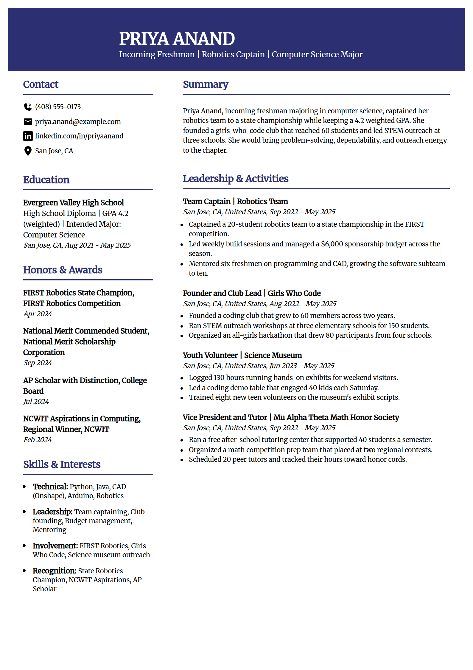 STEM major sorority resume example in the Visionary template