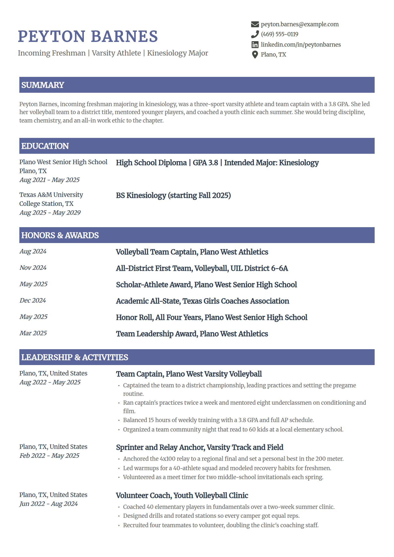 Student-athlete sorority resume example in the Catalyst template