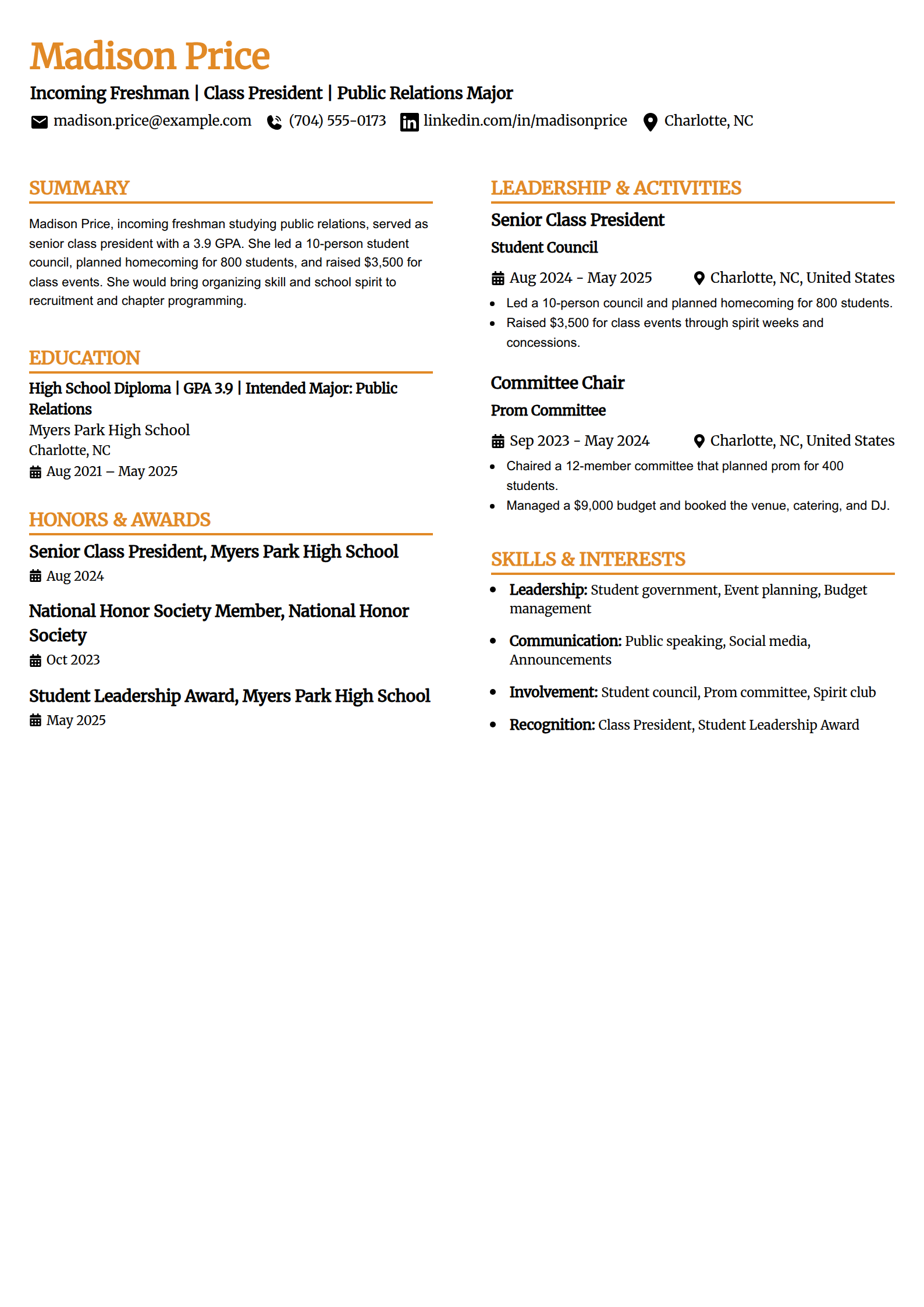 Student government and class officer sorority resume example in the Professional Edge template