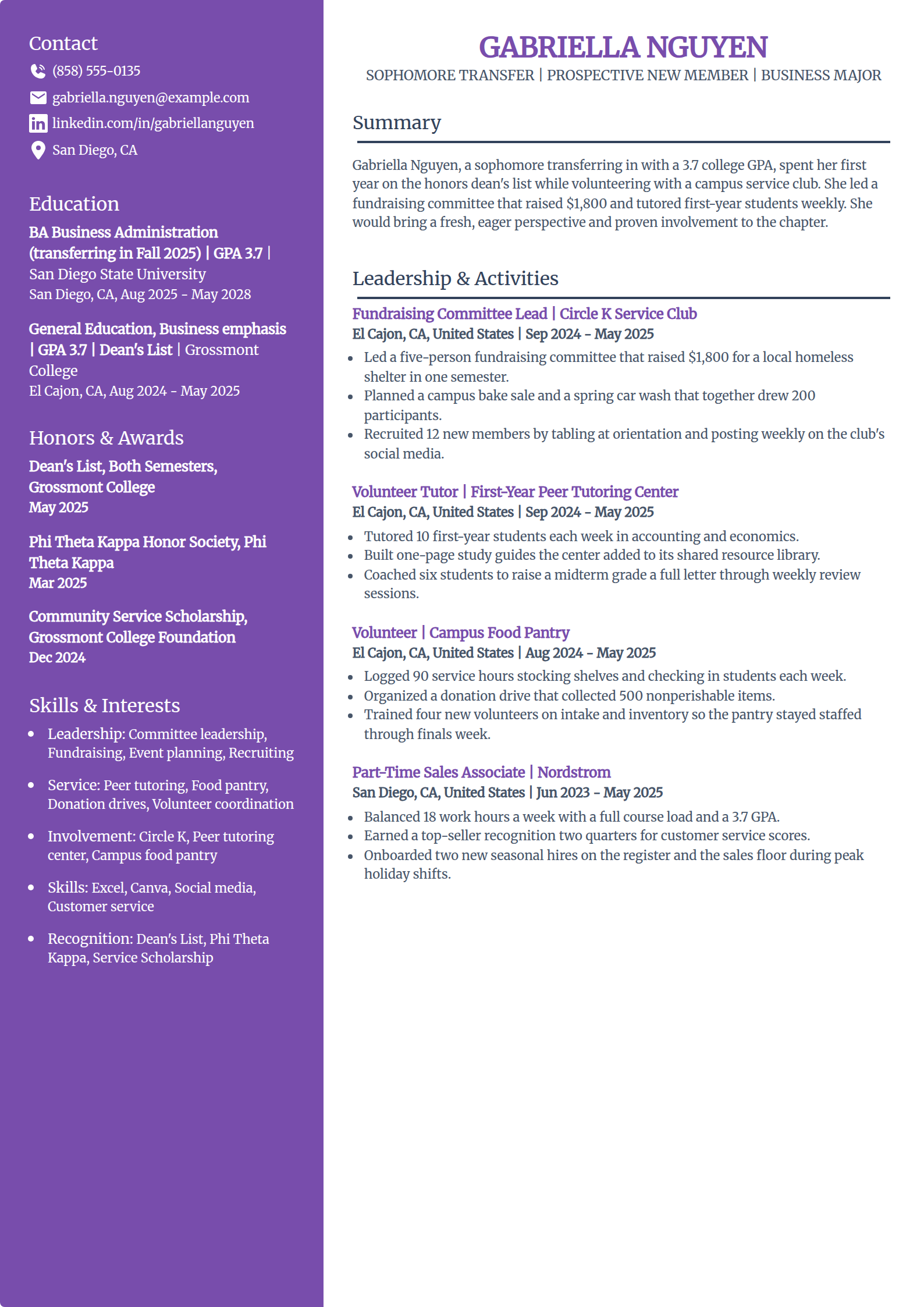 Transfer student sorority resume example in the Pioneer template