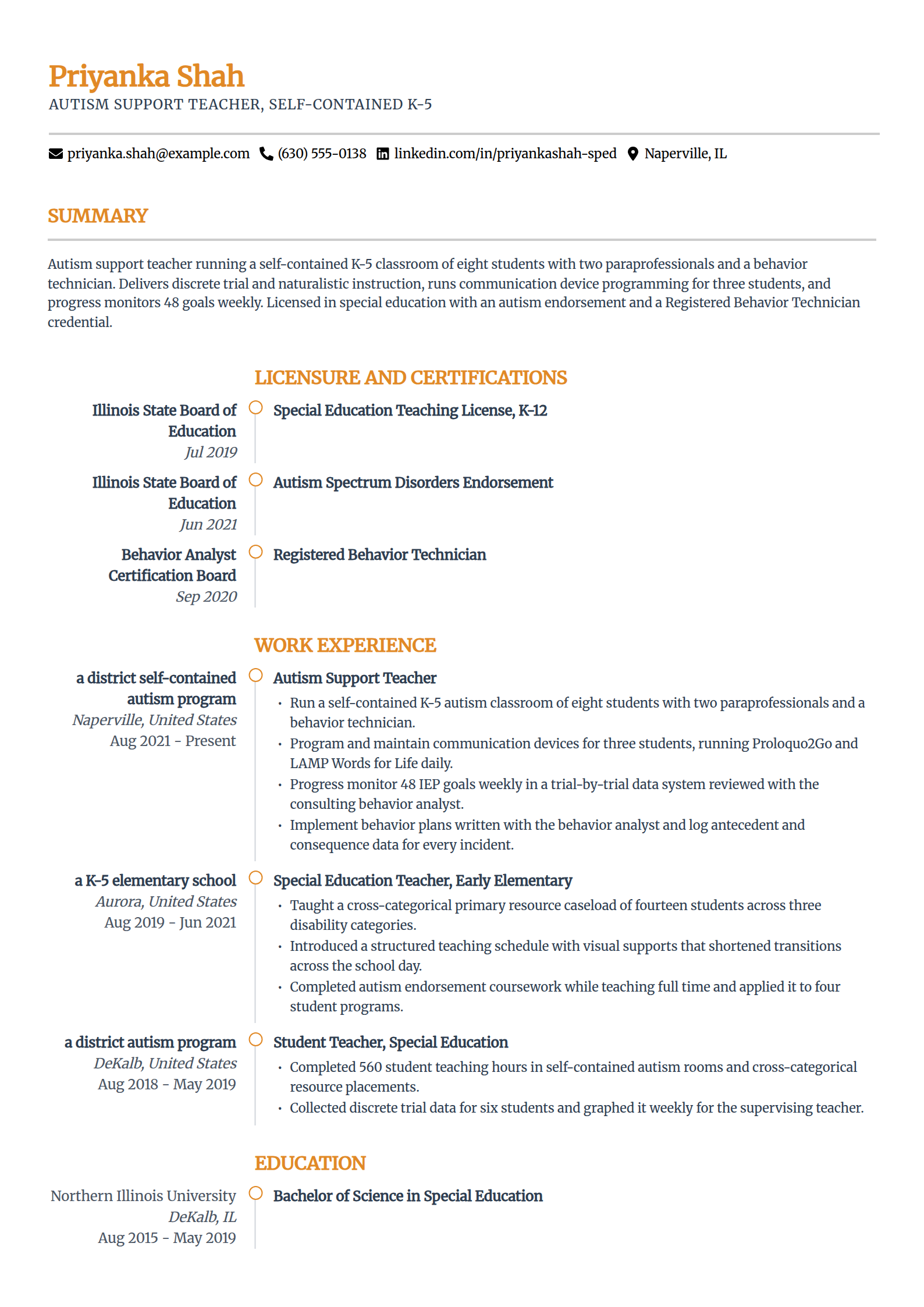Autism support teacher resume example in the Zenith template