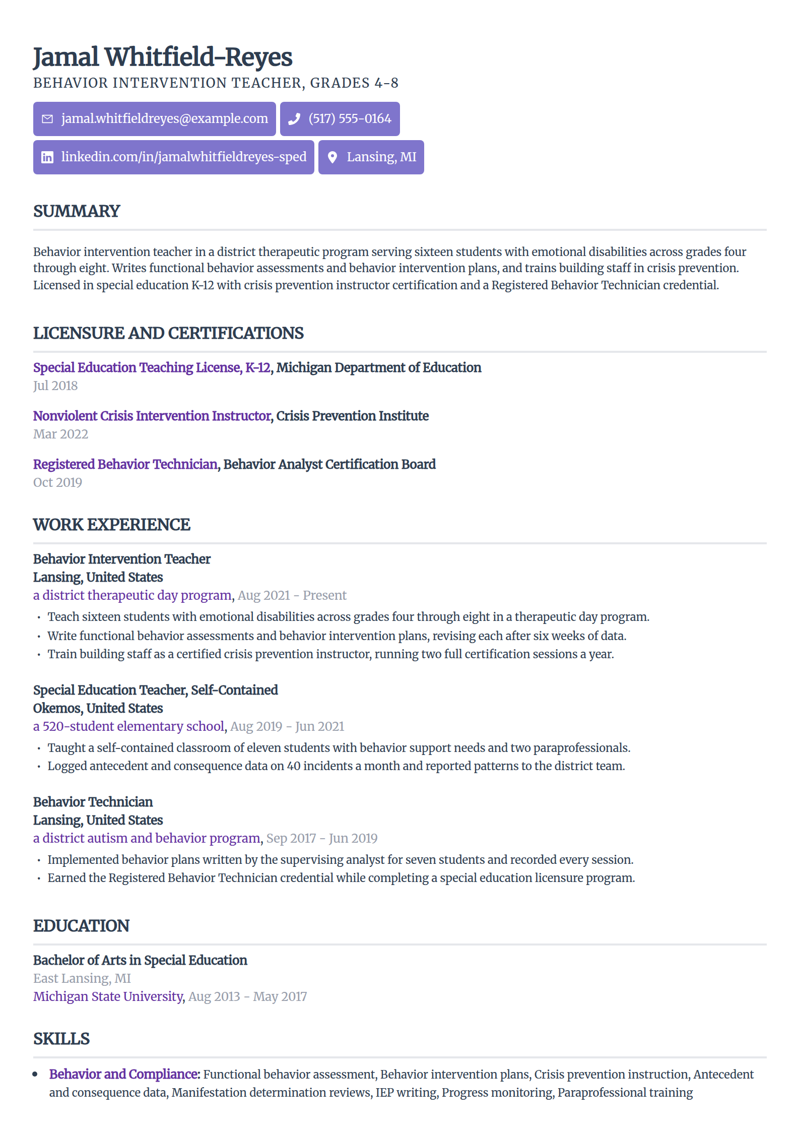 Behavior intervention teacher resume example in the Sleek Framework template