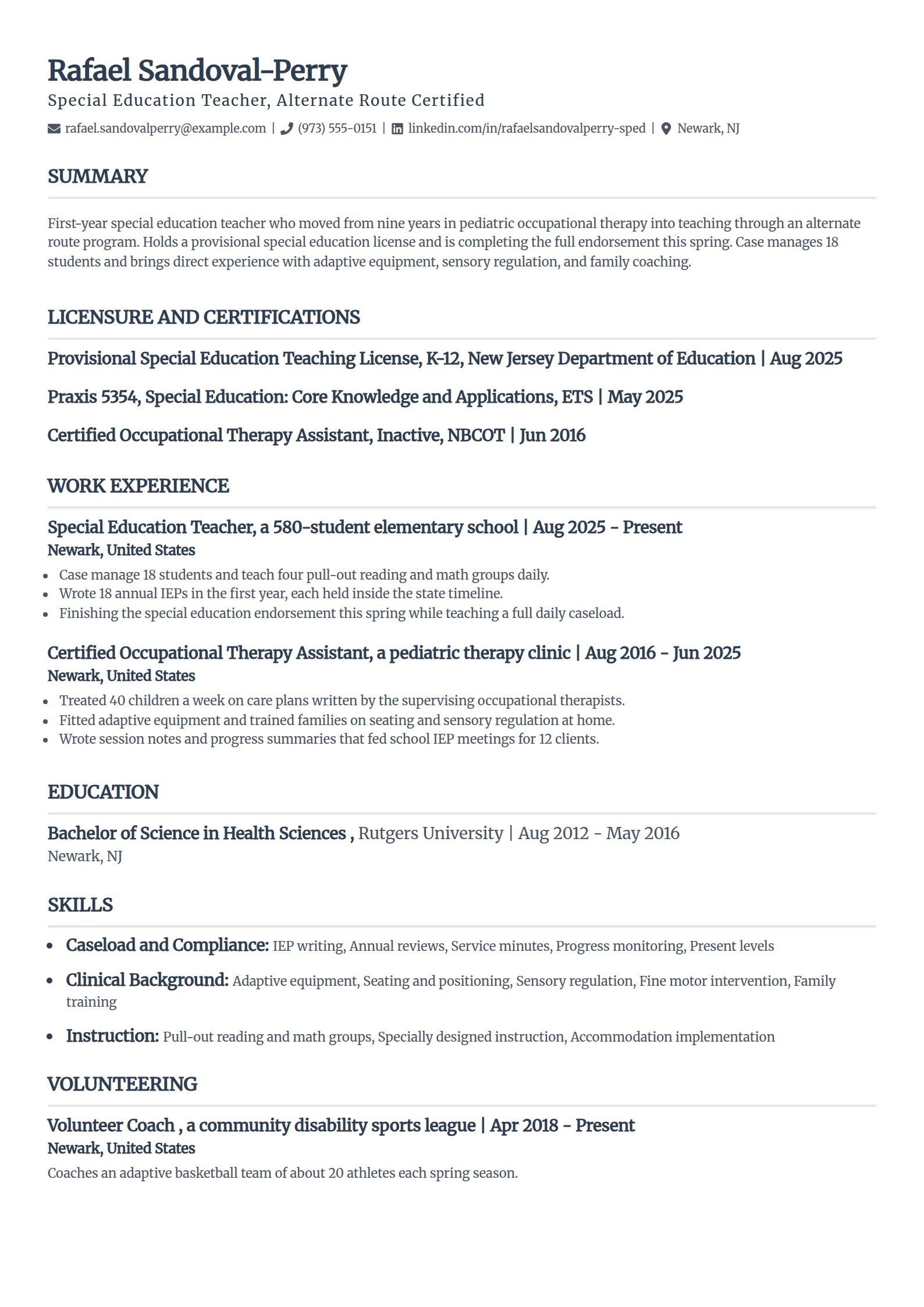 Career-change special education teacher resume example in the Classic template
