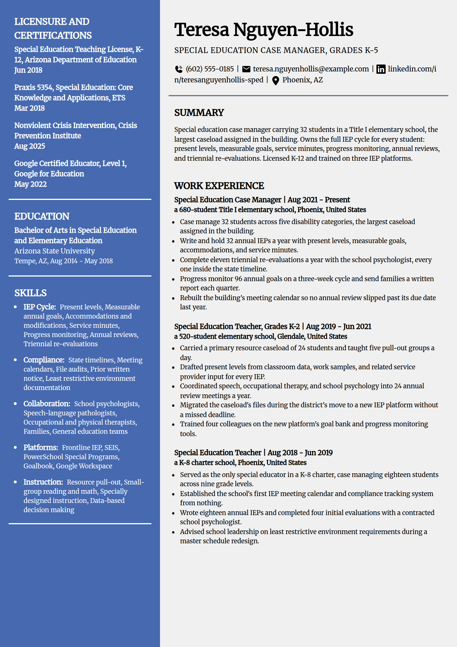 Special education case manager resume example in the Innovative template