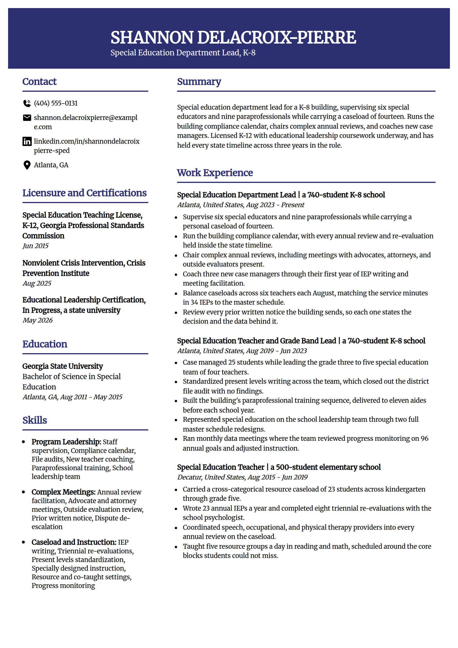 Special education department lead resume example in the Visionary template