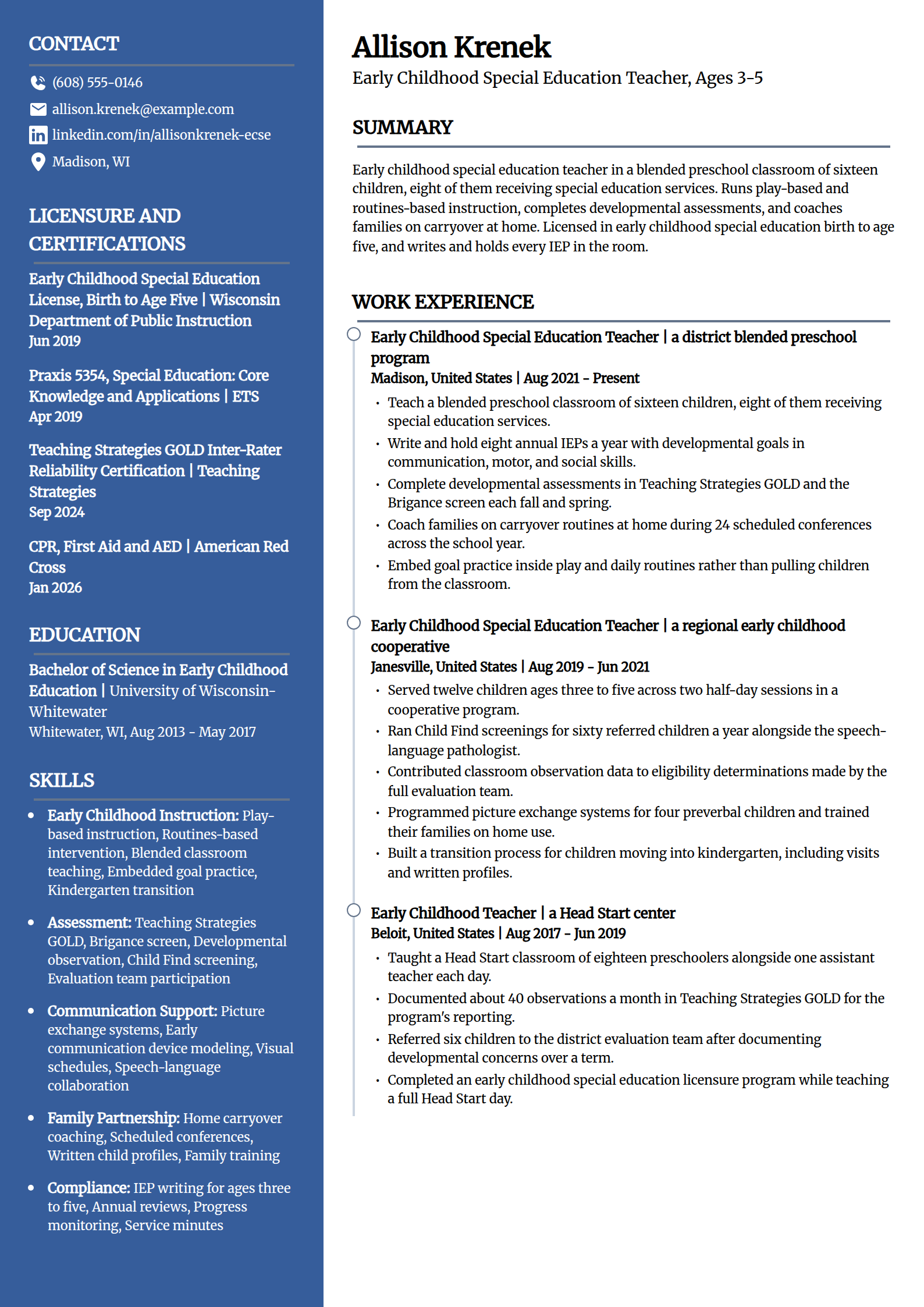 Early childhood special education teacher resume example in the Creative template