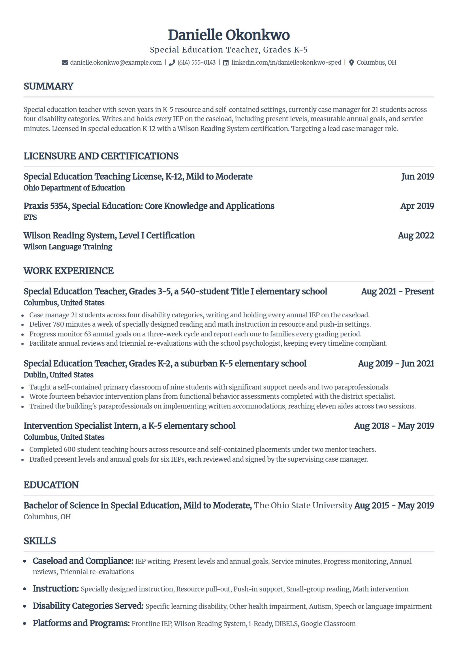 Elementary special education teacher resume example in the Standard template