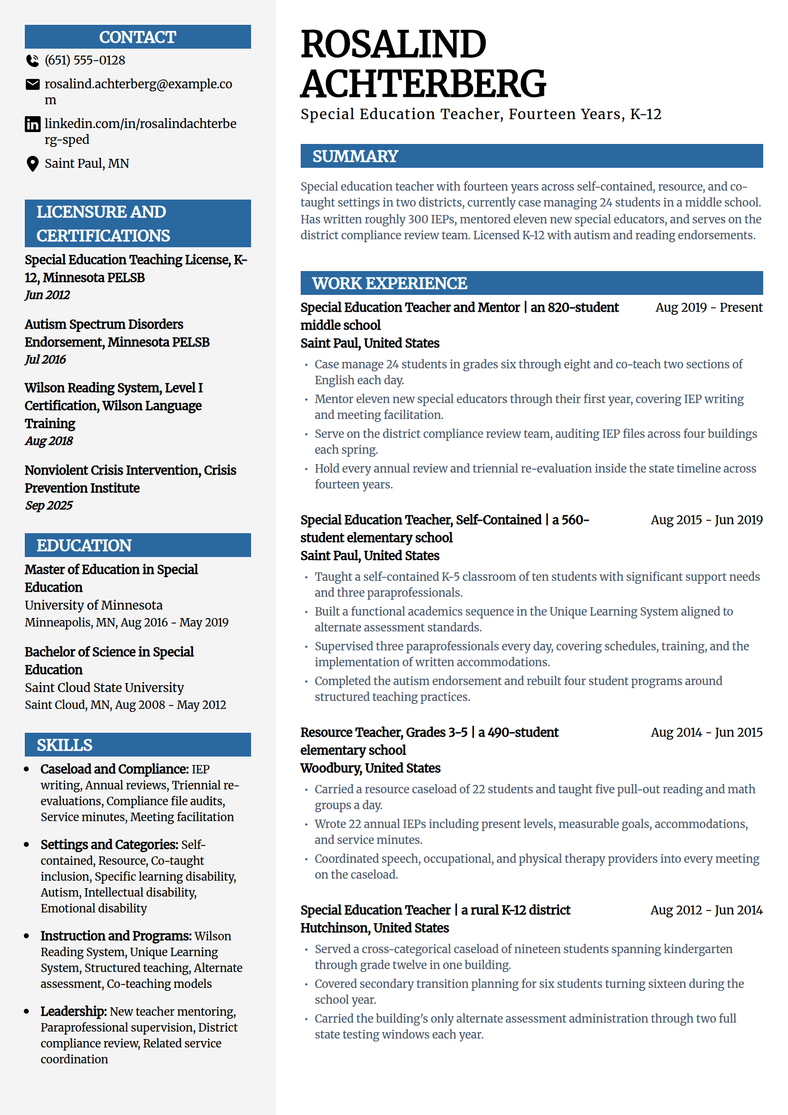 Experienced special education teacher resume example in the Mosaic template